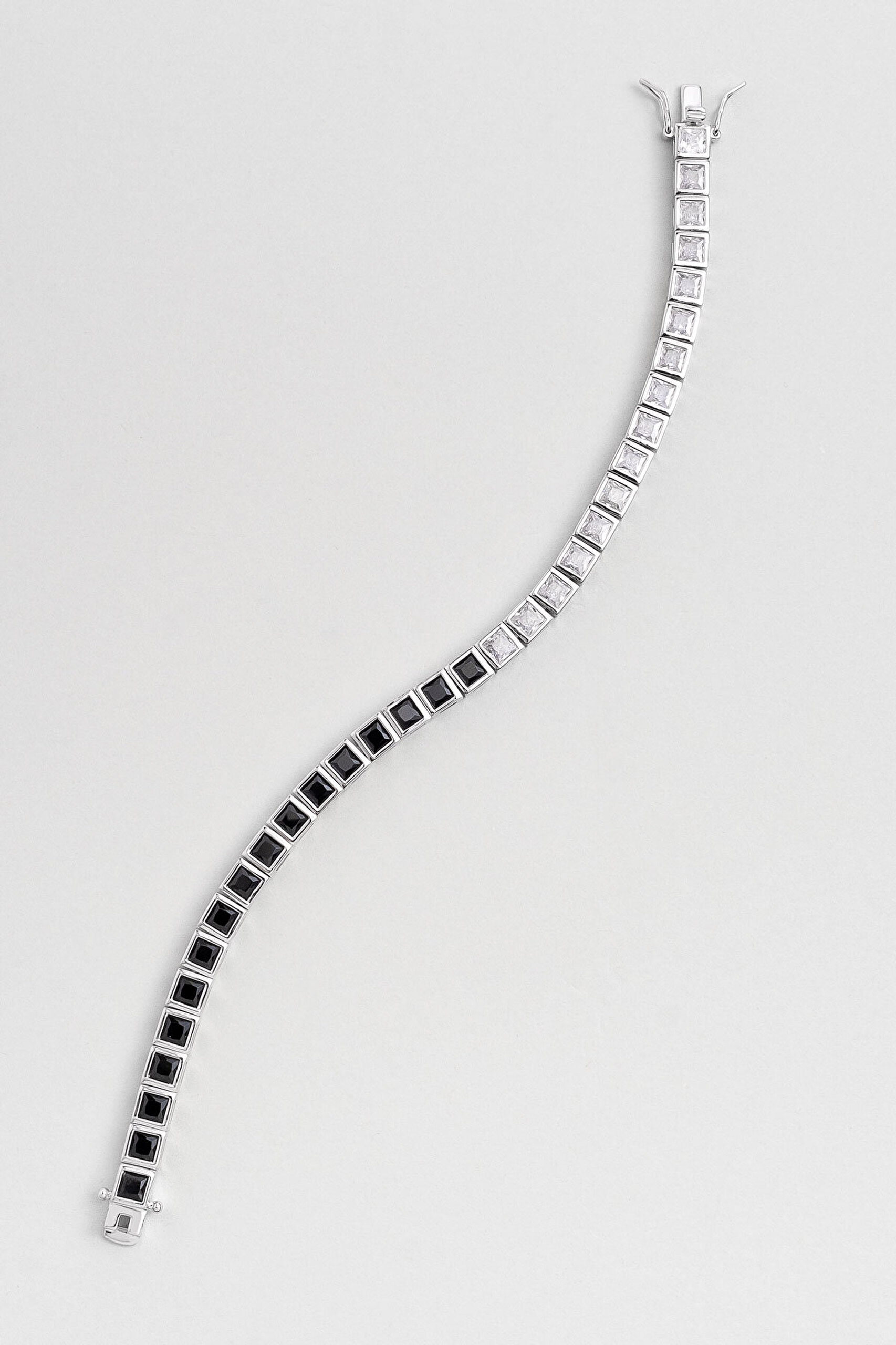 Siyah Ve Beyaz Taşlı 18 Ayar Beyaz Altın Kaplama Unisex Gümüş Su Yolu Bileklik - 4