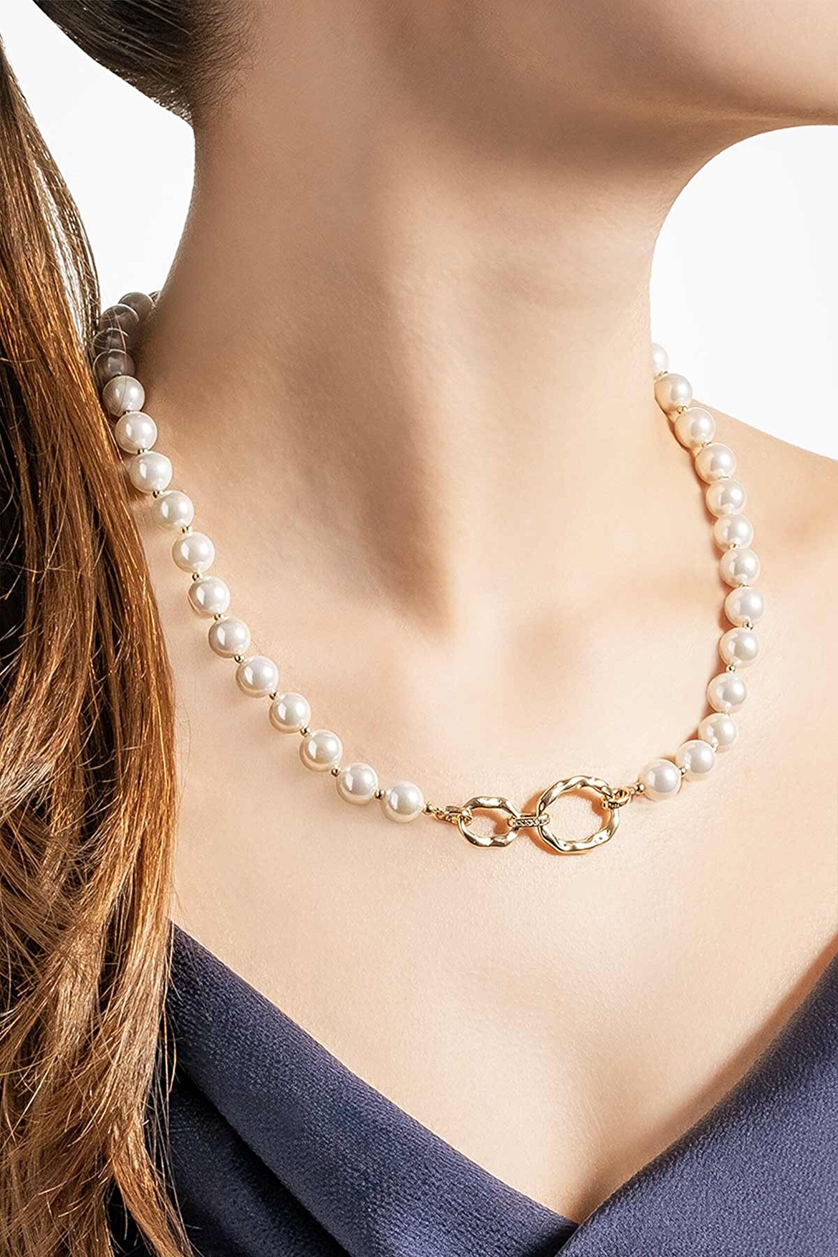 Rönesans 18 Ayar Sarı Altın Kaplama 45 Cm Gümüş İnci Kolye - 1