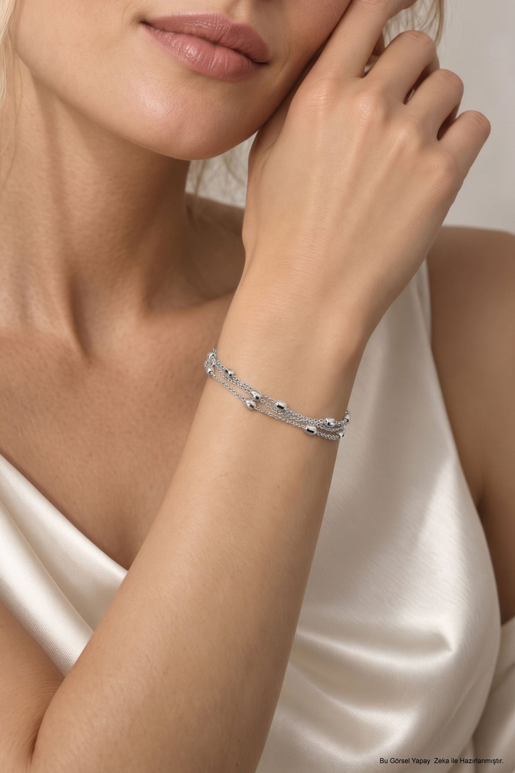 Livia İtalyan 18 Ayar Beyaz Altın Kaplama 19 Cm Üç Sıra Gümüş Bileklik - 1