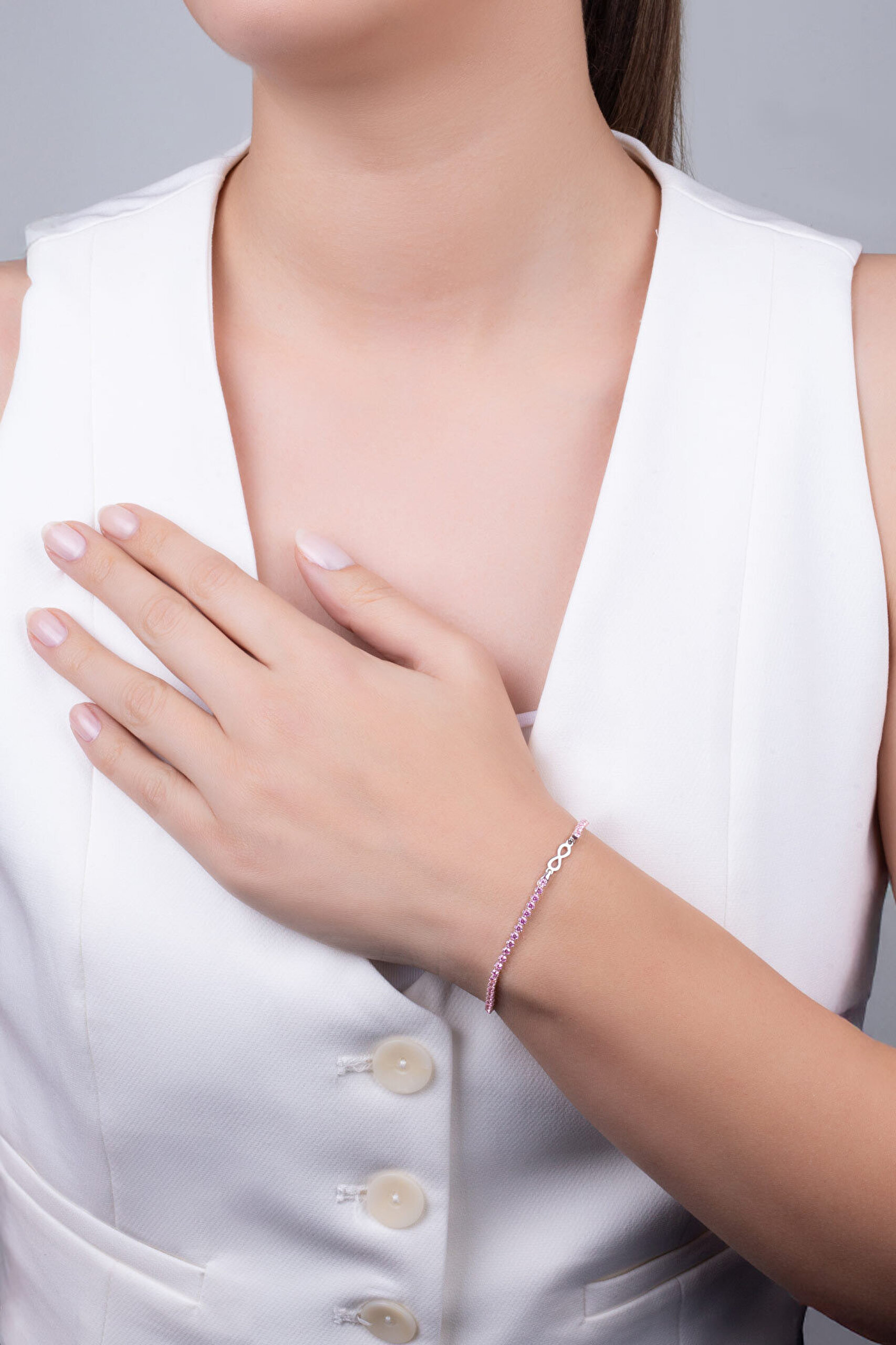 Pembe Sonsuzluk İtalyan 18 Ayar Beyaz Altın Kaplama 19 Cm Gümüş Su Yolu Bileklik - 3