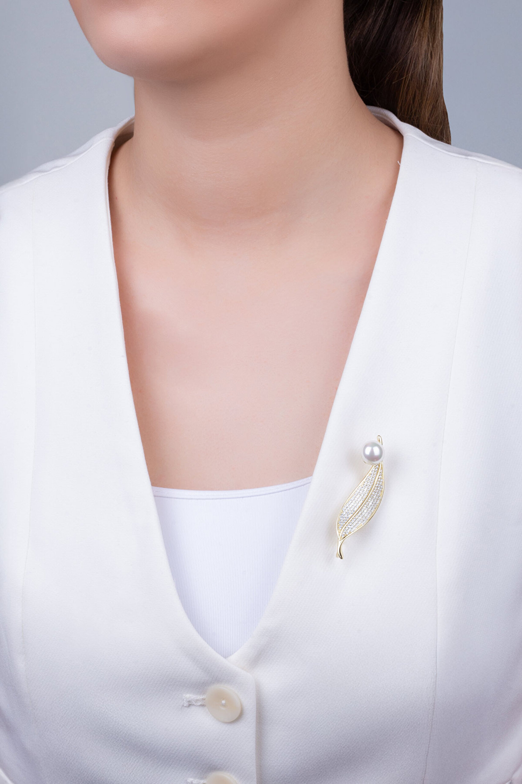 Bahar Yaprağı 18 Ayar Sarı Altın Kaplama Gümüş İnci Broş - 3