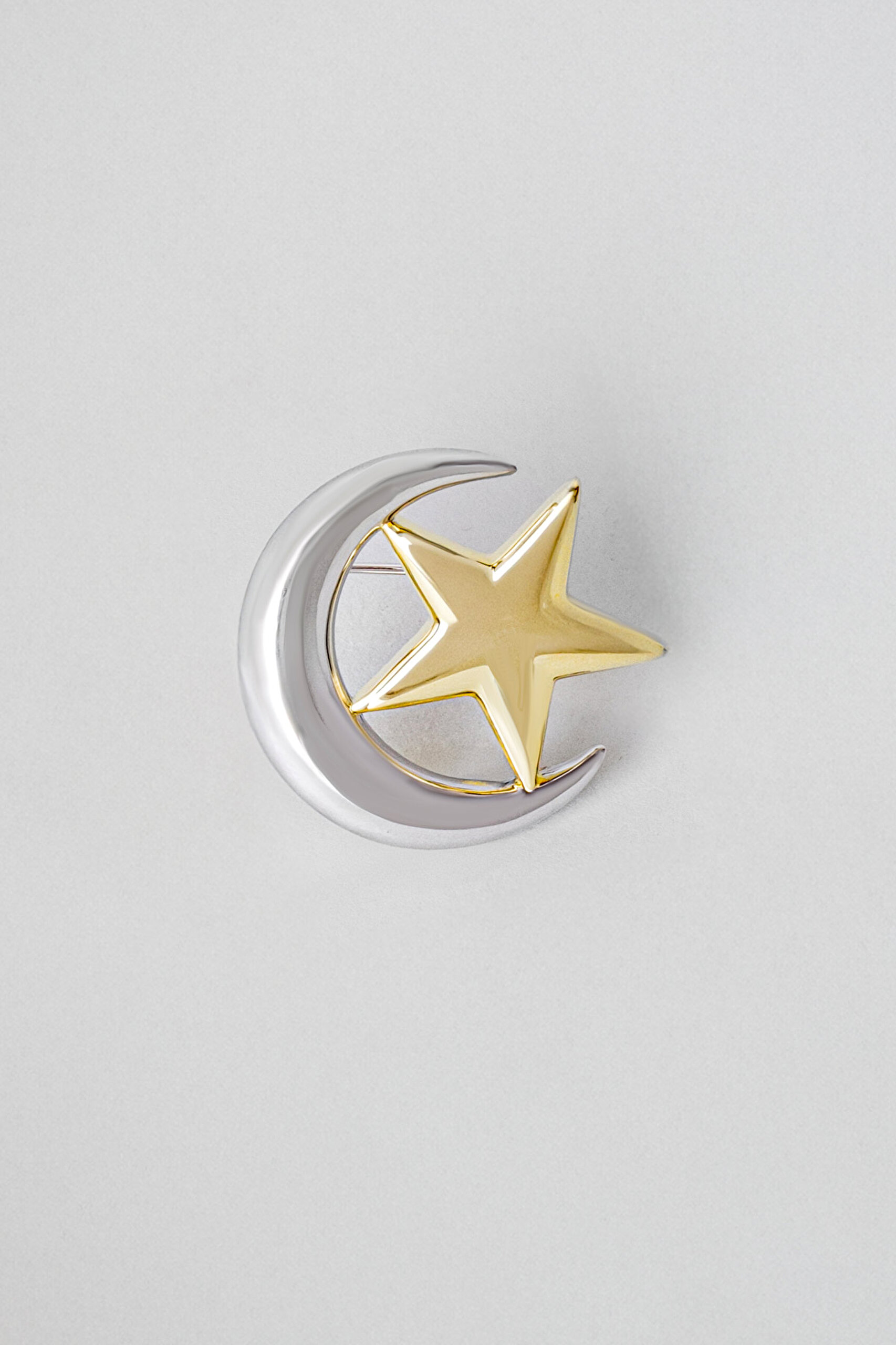 Ay Ve Yıldız 18 Ayar Sarı Ve Beyaz Altın Kaplama Gümüş Broş - 0