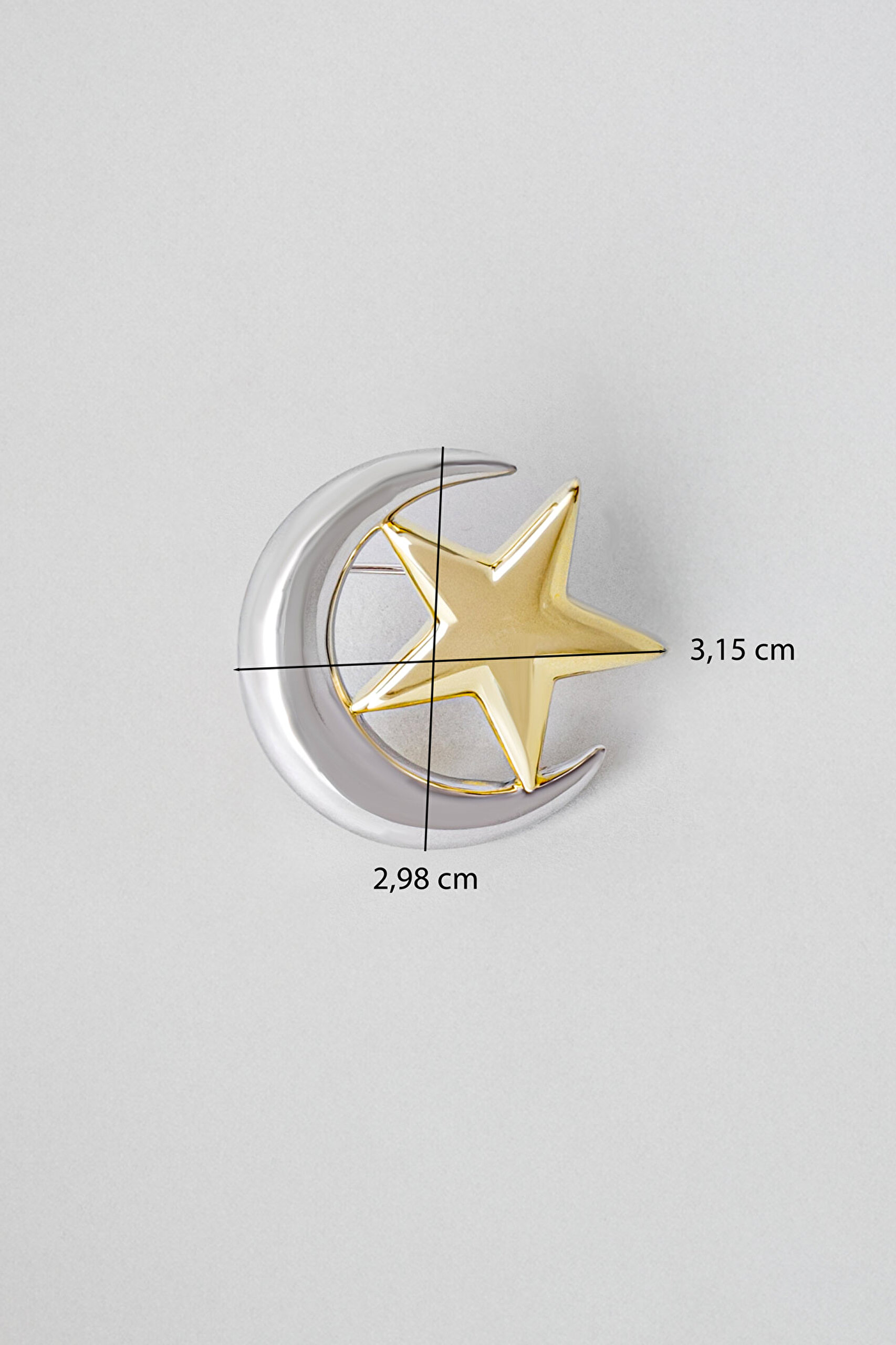 Ay Ve Yıldız 18 Ayar Sarı Ve Beyaz Altın Kaplama Gümüş Broş - 2