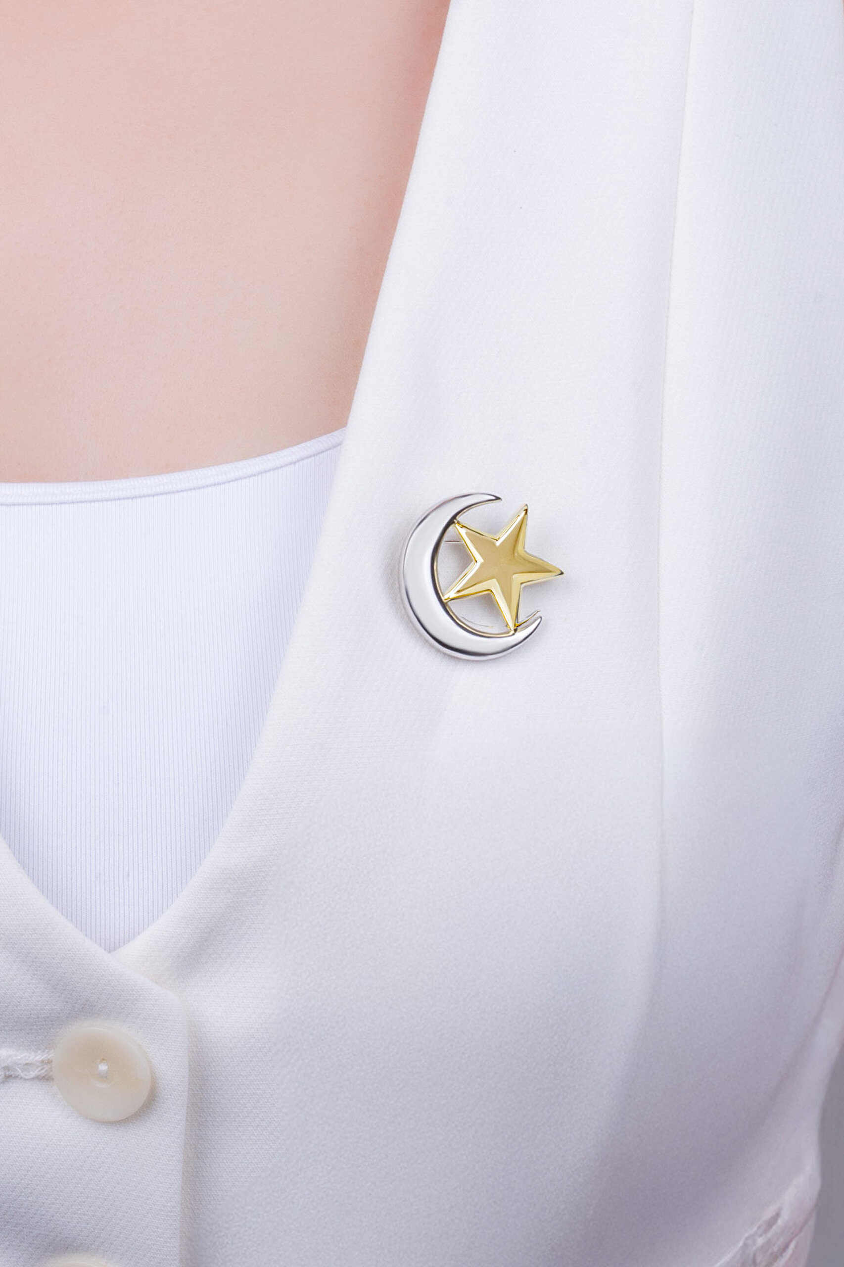 Ay Ve Yıldız 18 Ayar Sarı Ve Beyaz Altın Kaplama Gümüş Broş - 1