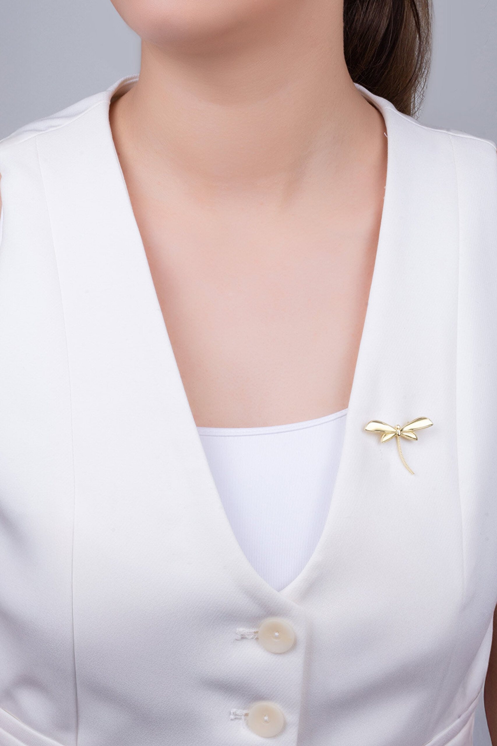 Işıltılı Yusufçuk 18 Ayar Sarı Altın Kaplama Gümüş Broş - 3