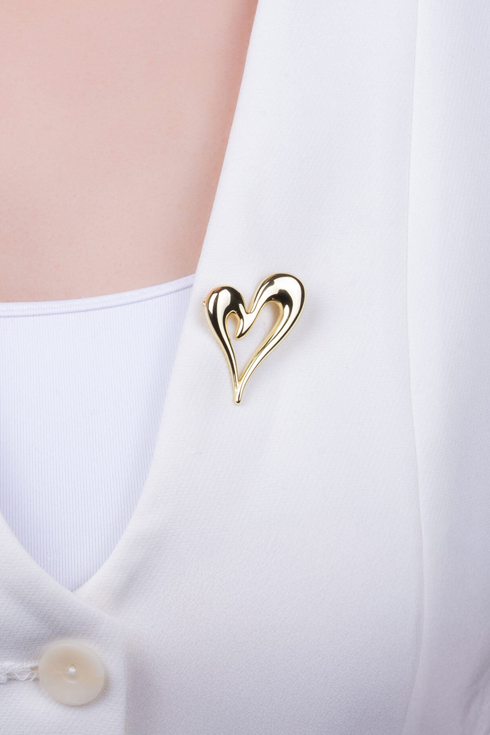 Vintage Kalp 18 Ayar Sarı Altın Kaplama Gümüş Broş - 1