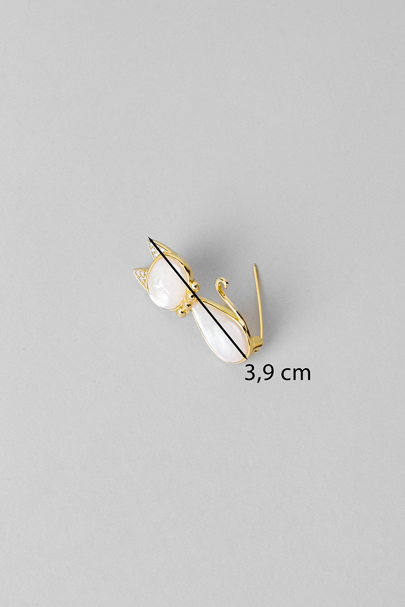 Sevimli Kedi 18 Ayar Sarı Altın Kaplama Gümüş Broş - 2