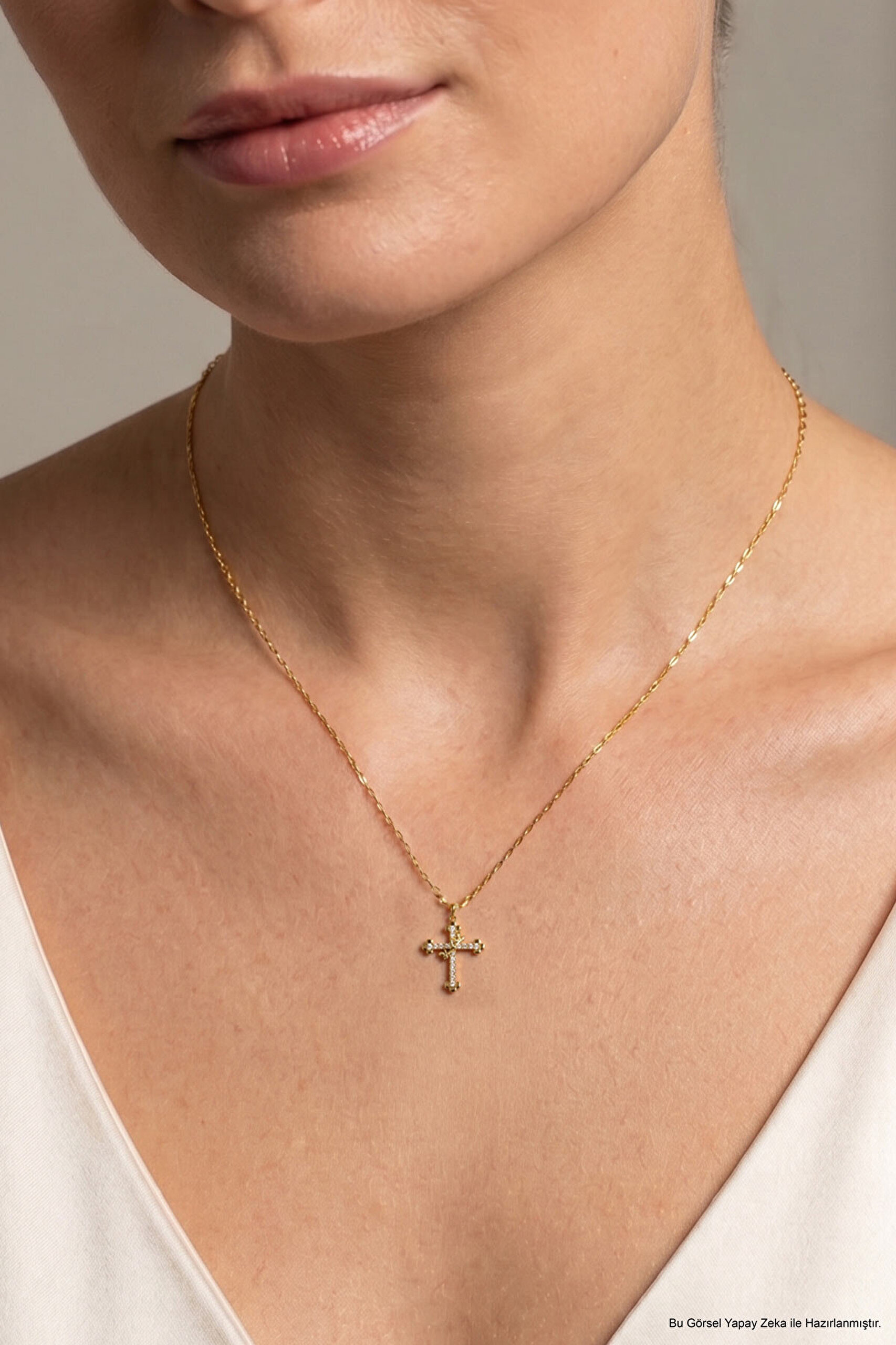 Minimalist 18 Ayar Sarı Altın Kaplama 45 Cm Gümüş Cross Kolye - 1