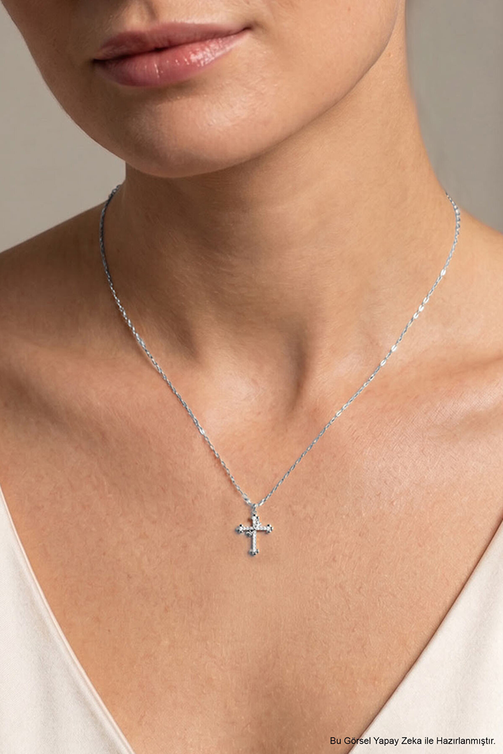 Minimalist 18 Ayar Beyaz Altın Kaplama 45 Cm Gümüş Cross Kolye - 1