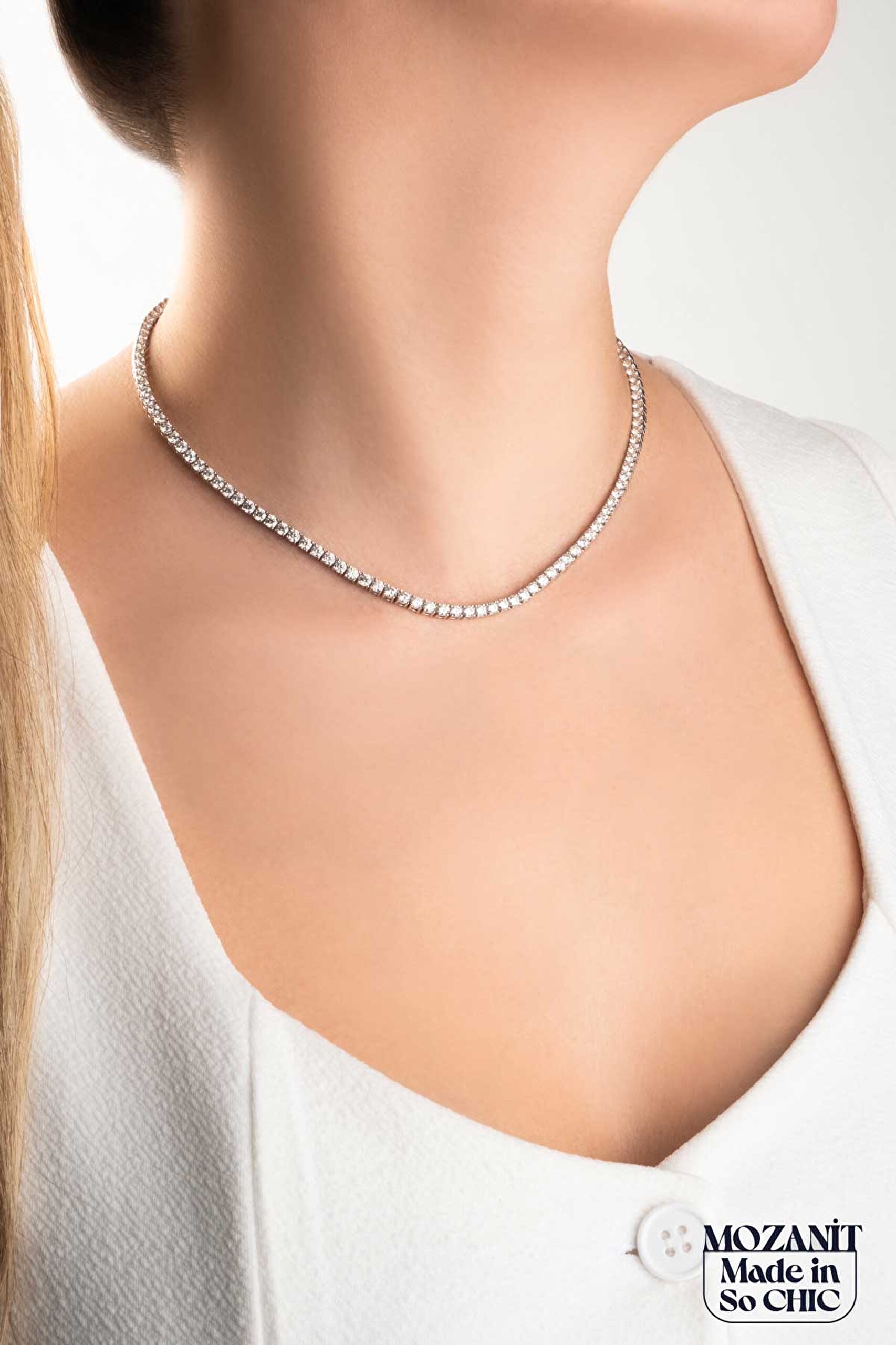 ⁠ Mozanit Işıltısı 18 Ayar Beyaz Altın Kaplama 42 Cm Gümüş Su Yolu Kolye_2}