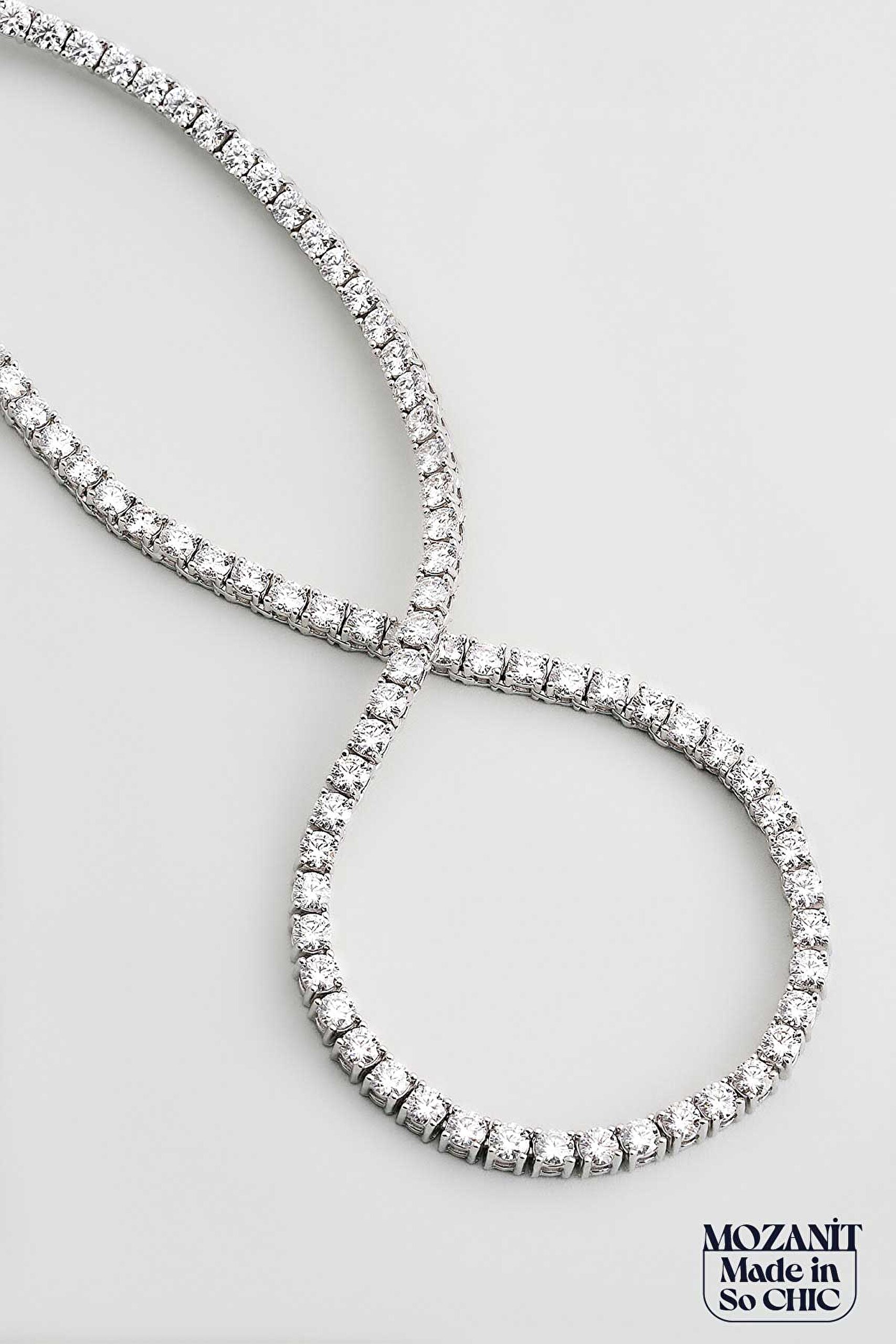 ⁠ Mozanit Işıltısı 18 Ayar Beyaz Altın Kaplama 42 Cm Gümüş Su Yolu Kolye_4}