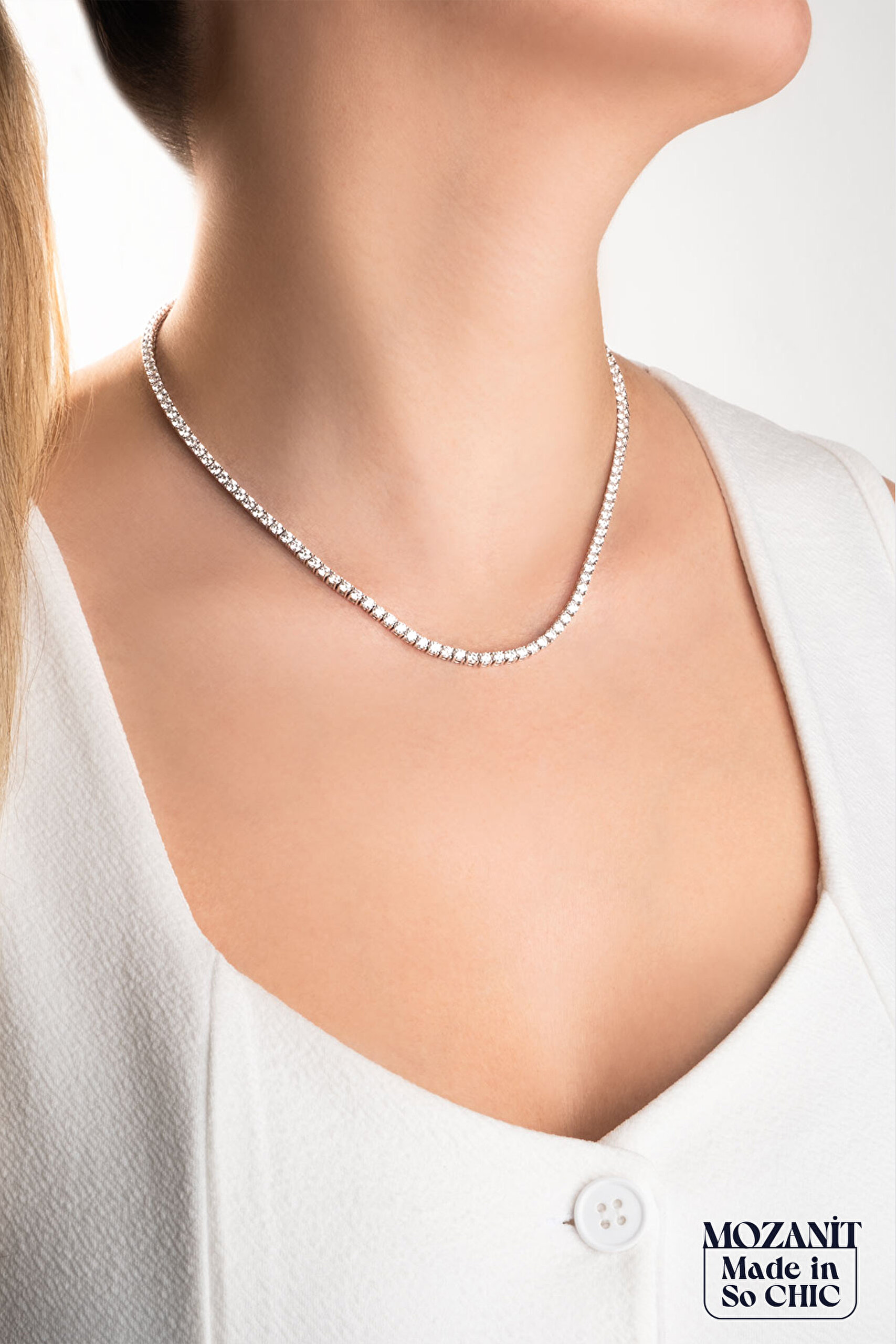 ⁠ Mozanit Zarafeti 18 Ayar Beyaz Altın Kaplama 45 Cm Gümüş Su Yolu Kolye_2}