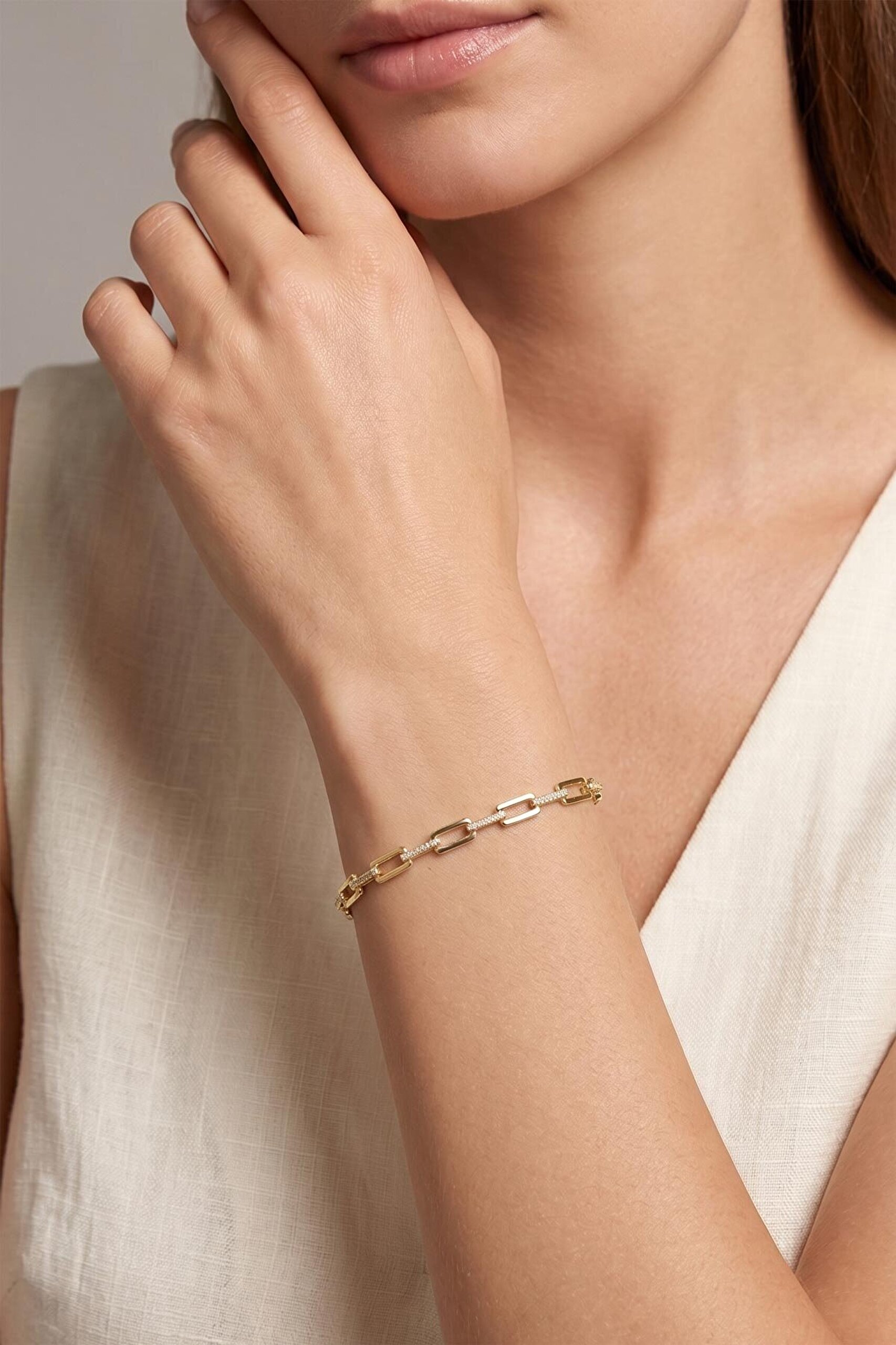 Sienna 18 Ayar Sarı Altın Kaplama 19 Cm Gümüş Zincir Bileklik - 3