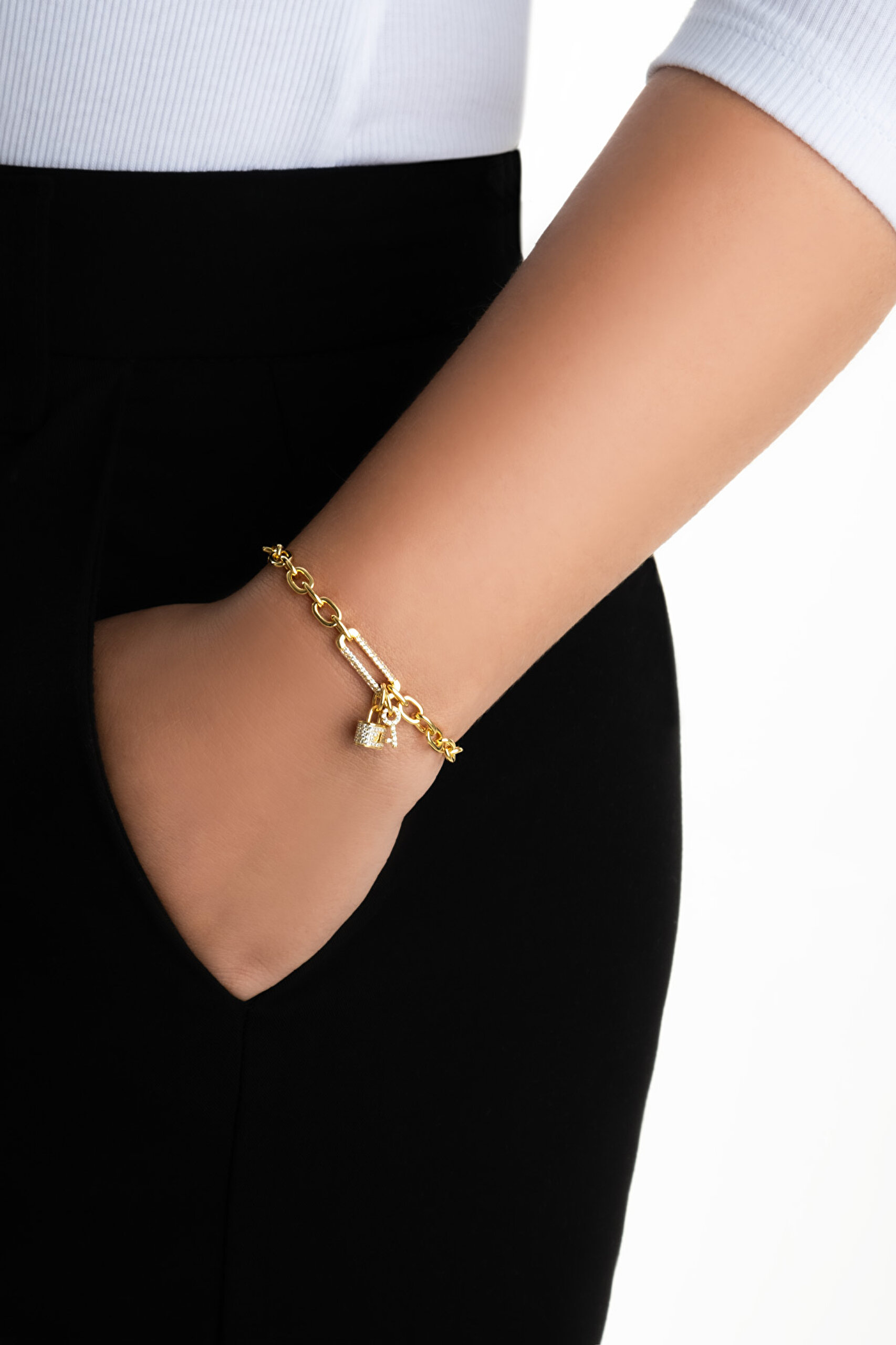 ⁠ Aşk Kilidi 18 Ayar Sarı Altın Kaplama Gümüş Zincir Bileklik_3}