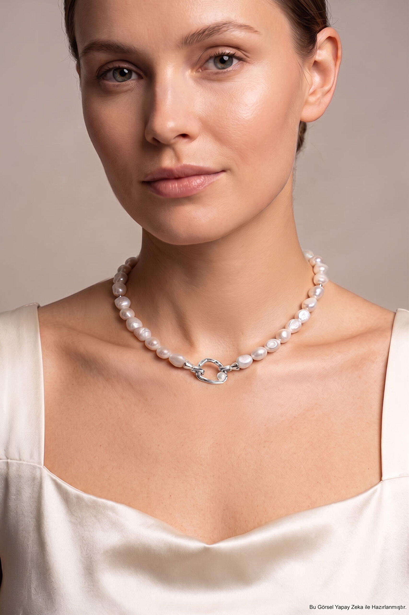 Venüs 18 Ayar Beyaz Altın Kaplama 40 Cm Gümüş Choker İnci Kolye - 0