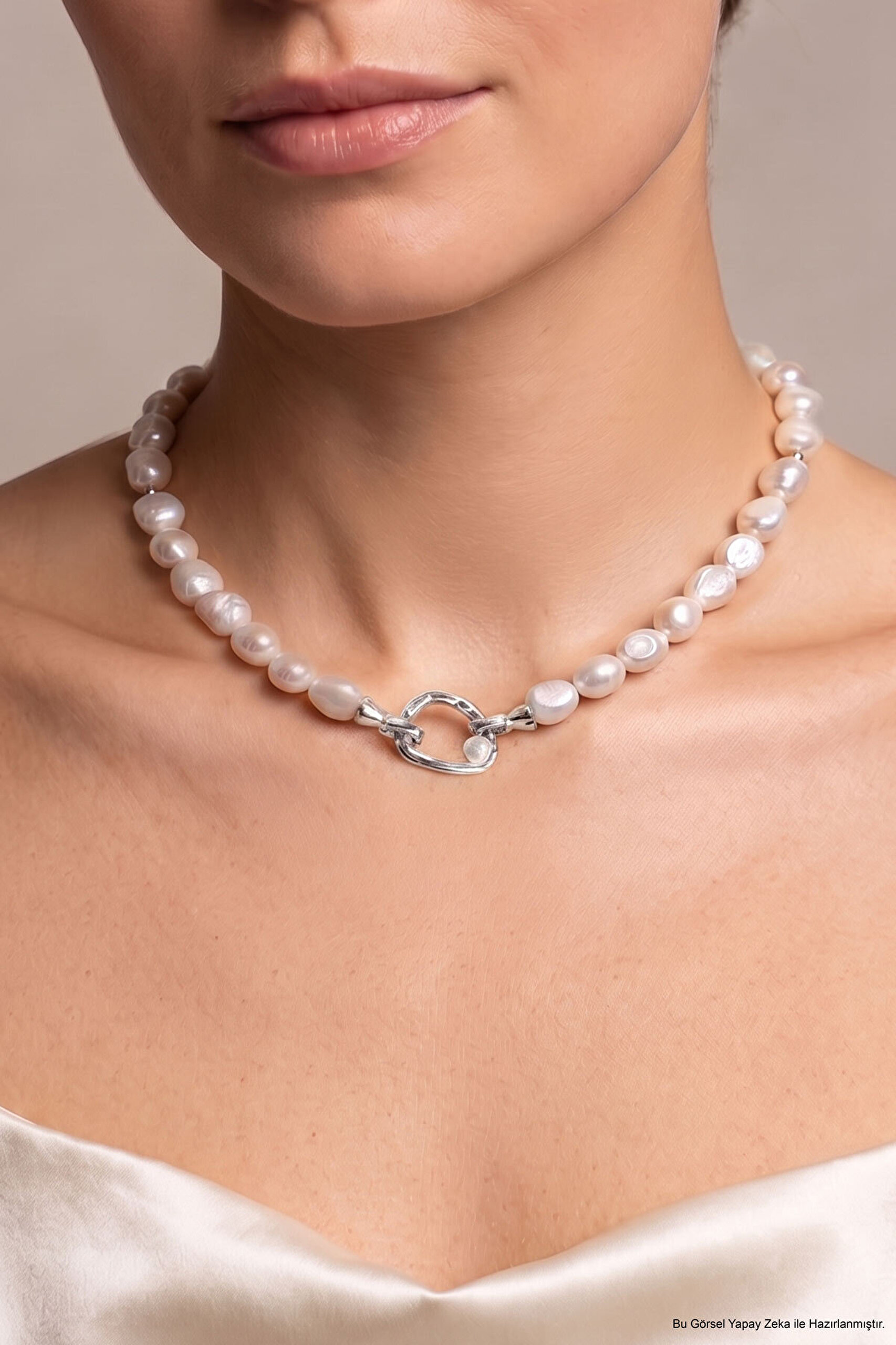 Venüs 18 Ayar Beyaz Altın Kaplama 40 Cm Gümüş Choker İnci Kolye - 2
