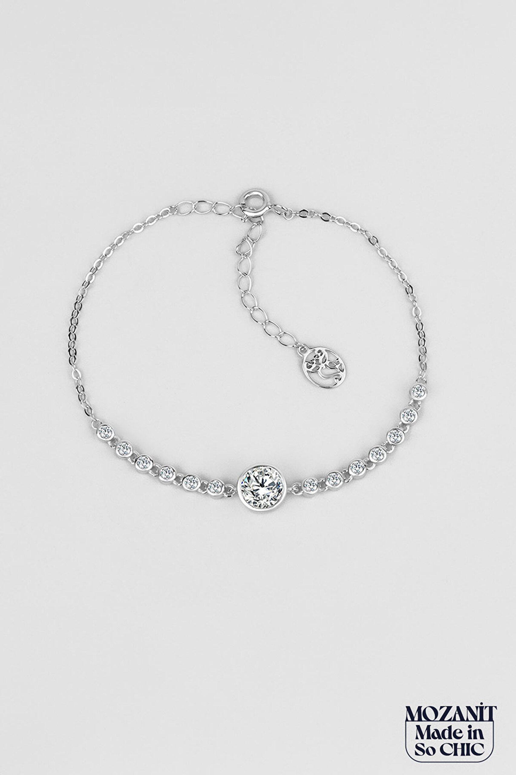 ⁠ Mozanit Tasarımı 18 Ayar Beyaz Altın Kaplama 19 Cm Gümüş Bileklik_0}