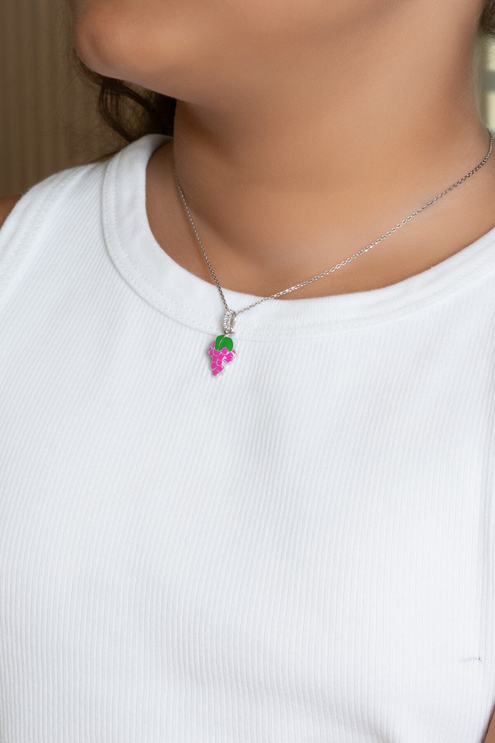 Tropikal Üzüm 18 Ayar Beyaz Altın Kaplama 33 Cm Gümüş Çocuk Kolye - 3