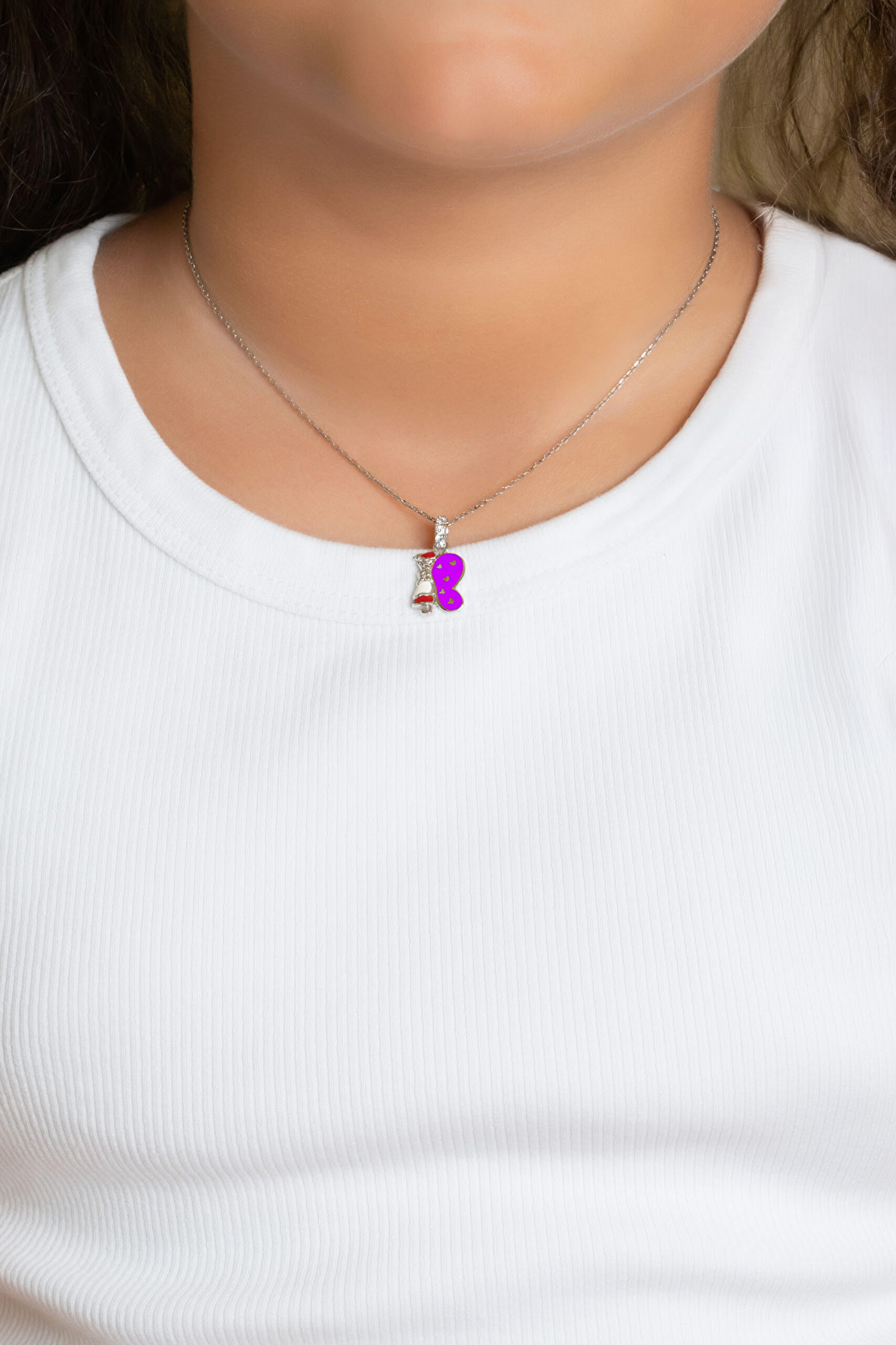 ⁠ Kelebek Figürlü 18 Ayar Beyaz Altın Kaplama Gümüş 33 Cm Çocuk Kolye_3}