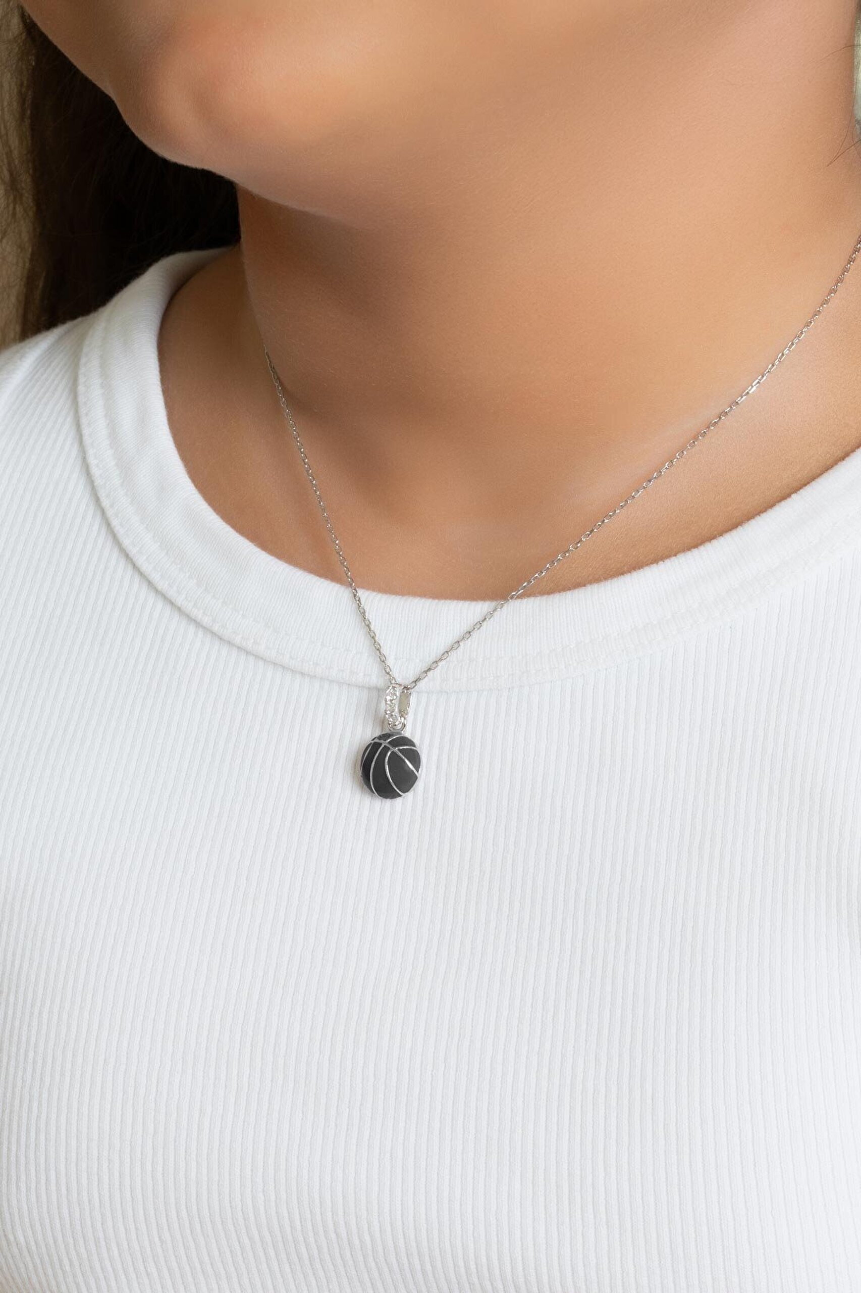 Basketbol Topu 18 Ayar Beyaz Altın Kaplama 33 Cm Gümüş Çocuk Kolyesi - 1