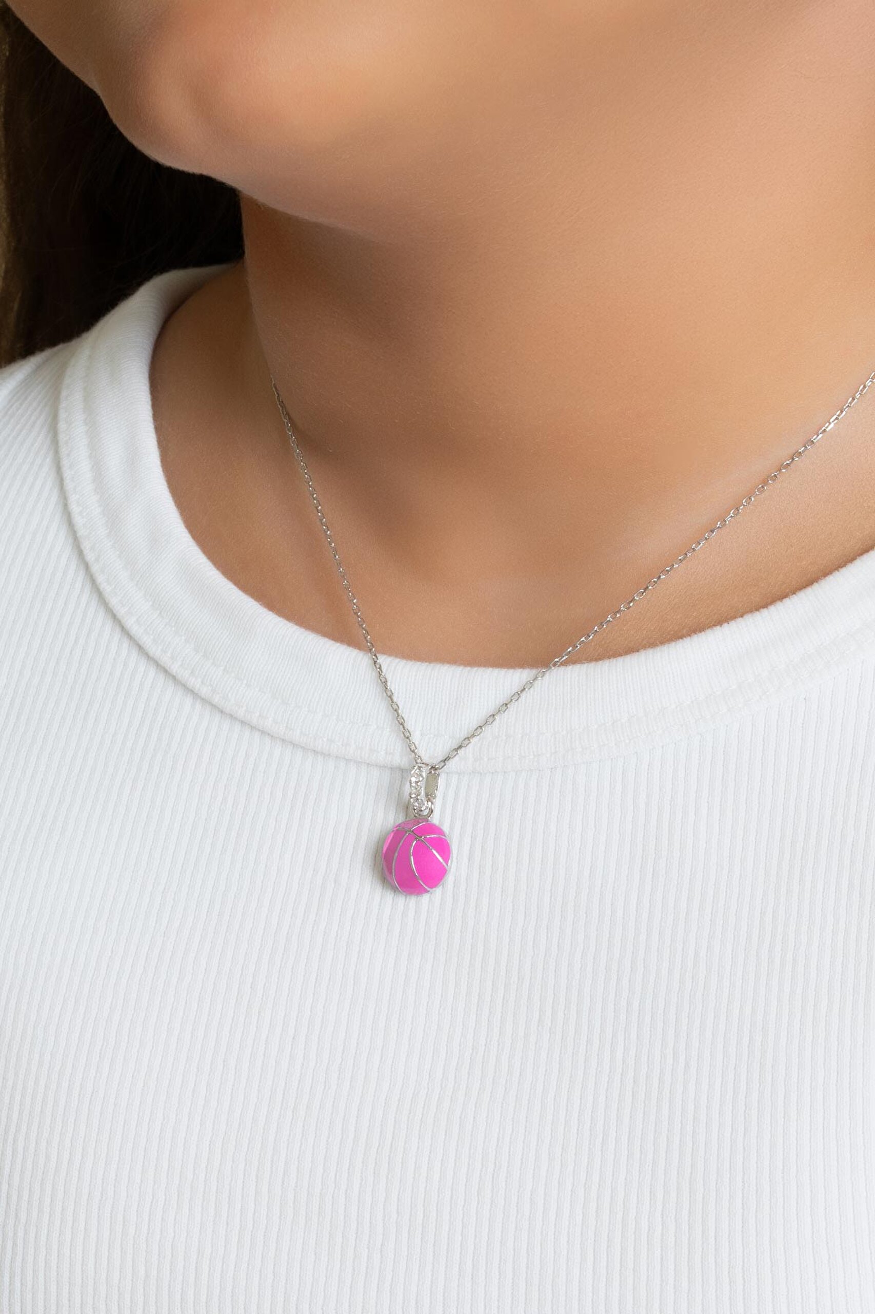 ⁠ Basketbol Topu 18 Ayar Beyaz Altın Kaplama 33 Cm Gümüş Çocuk Kolyesi_1}