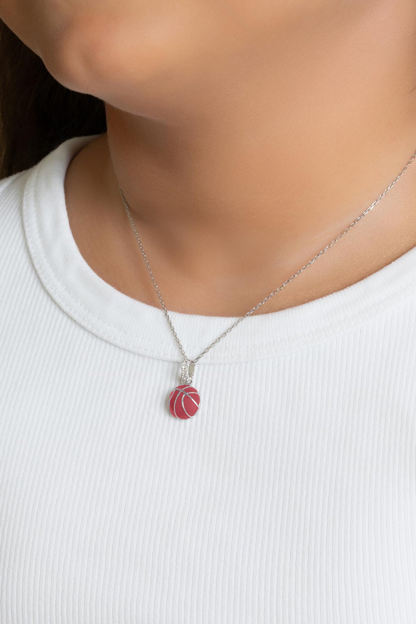 Basketbol Topu 18 Ayar Beyaz Altın Kaplama 33 Cm Gümüş Çocuk Kolyesi - 1