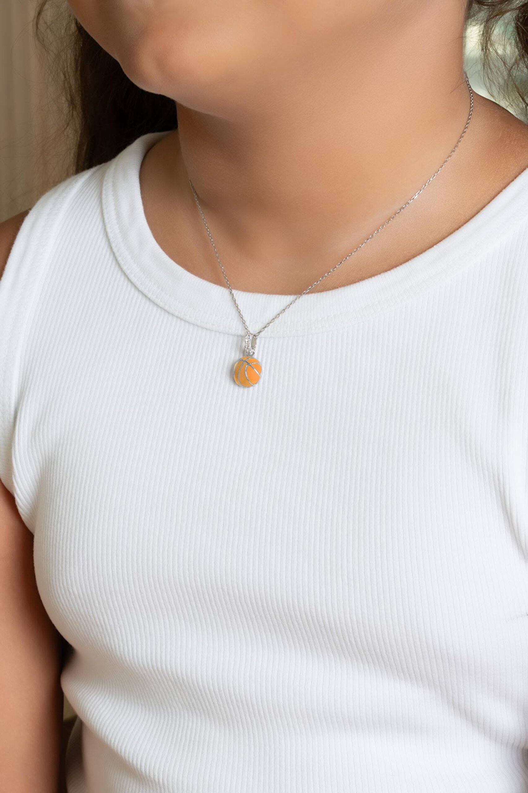 Basketbol Topu 18 Ayar Beyaz Altın Kaplama 33 Cm Gümüş Çocuk Kolyesi - 3