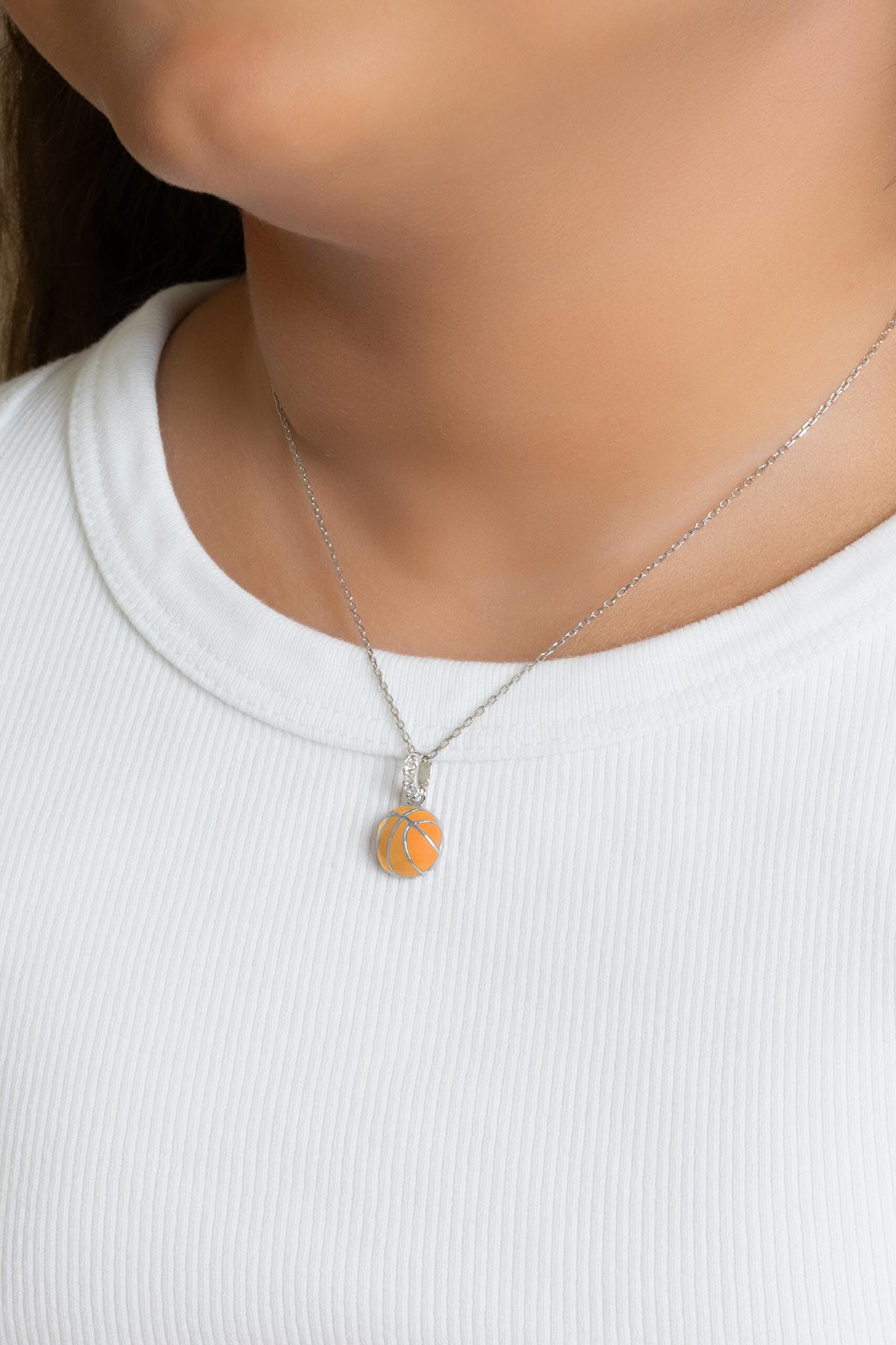 Basketbol Topu 18 Ayar Beyaz Altın Kaplama 33 Cm Gümüş Çocuk Kolyesi - 1