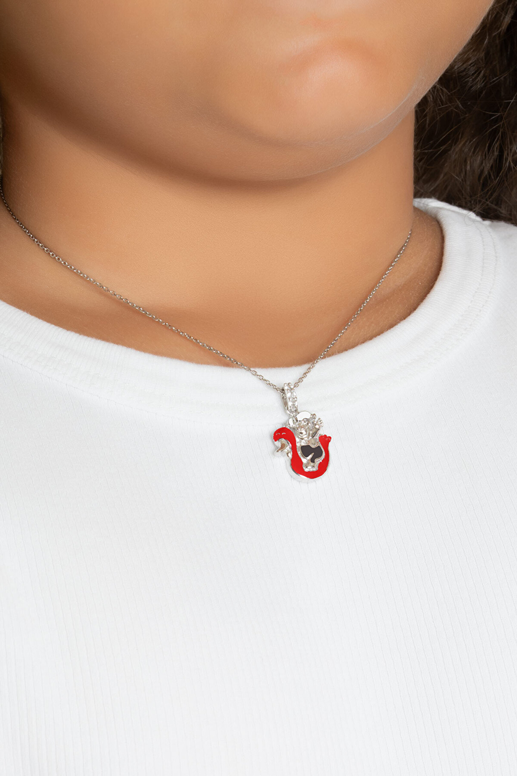 Kırmızı Kuğu 18 Ayar Beyaz Altın Kaplama Gümüş 33 Cm Çocuk Kolye - 1