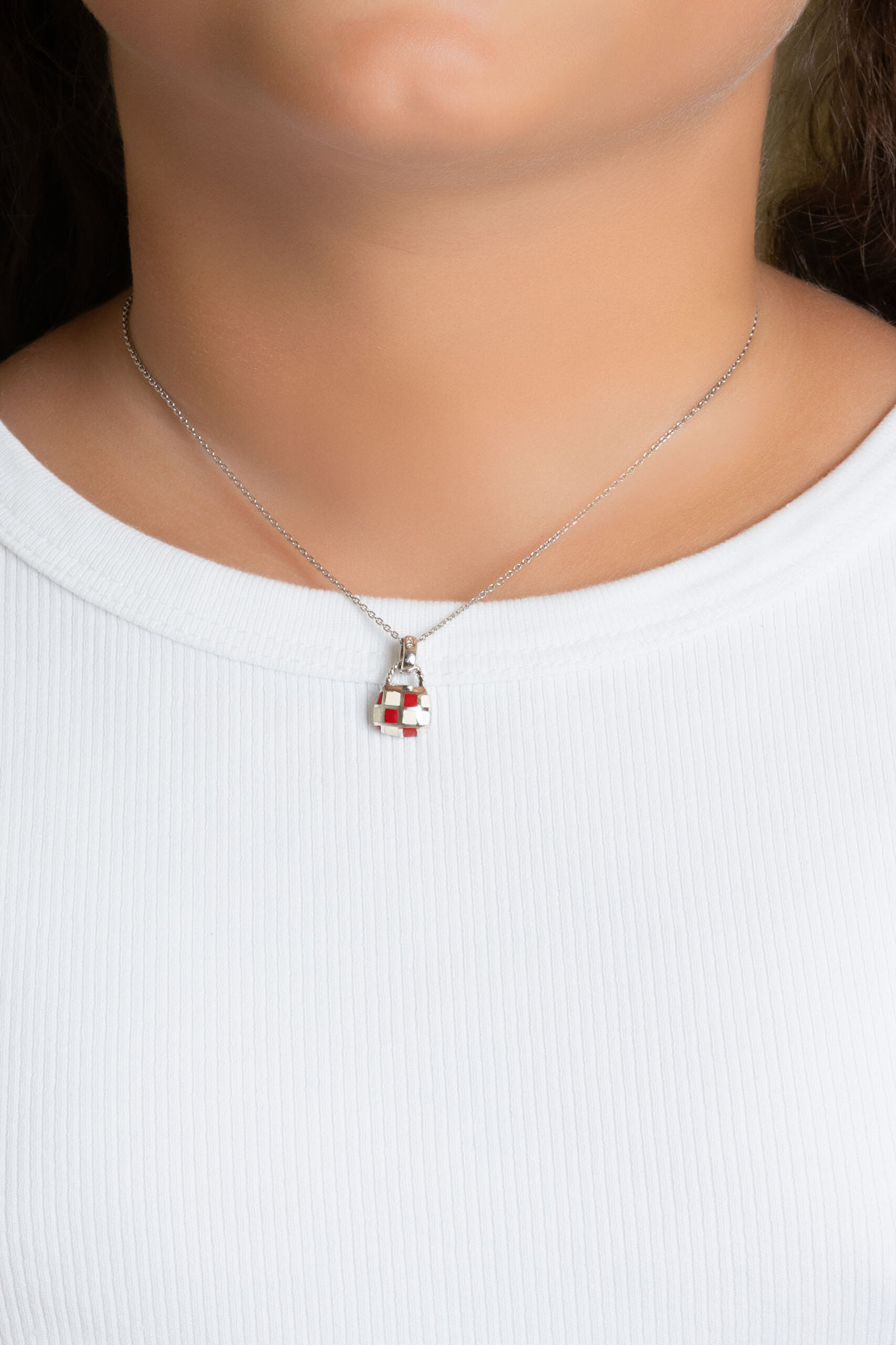 ⁠ Kırmızı Çanta 18 Ayar Beyaz Altın Kaplama 33 Cm Gümüş Çocuk Kolye_1}