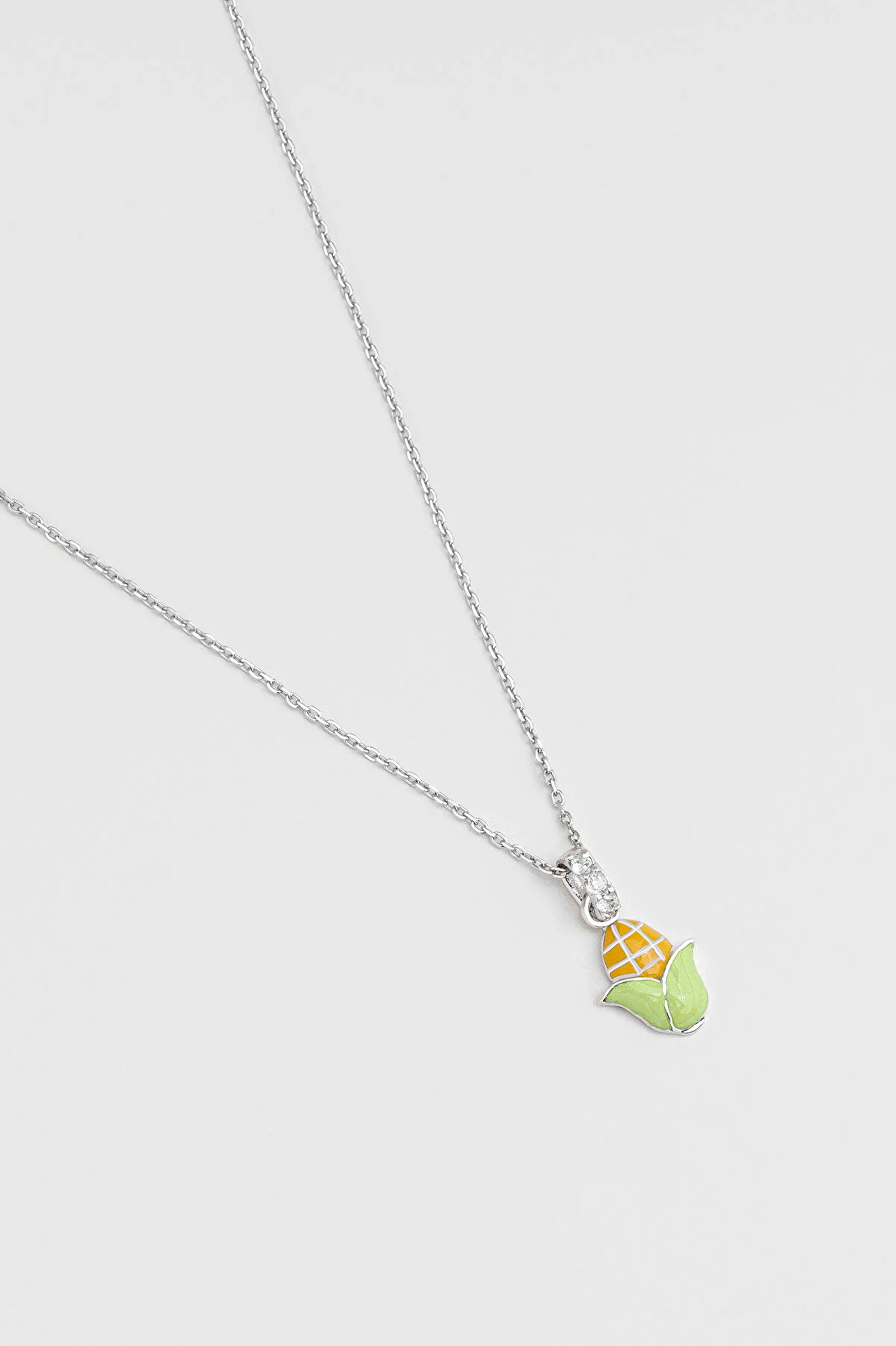 Renkli Mısır 18 Ayar Beyaz Altın Kaplama 32 Cm Gümüş Çocuk Kolye