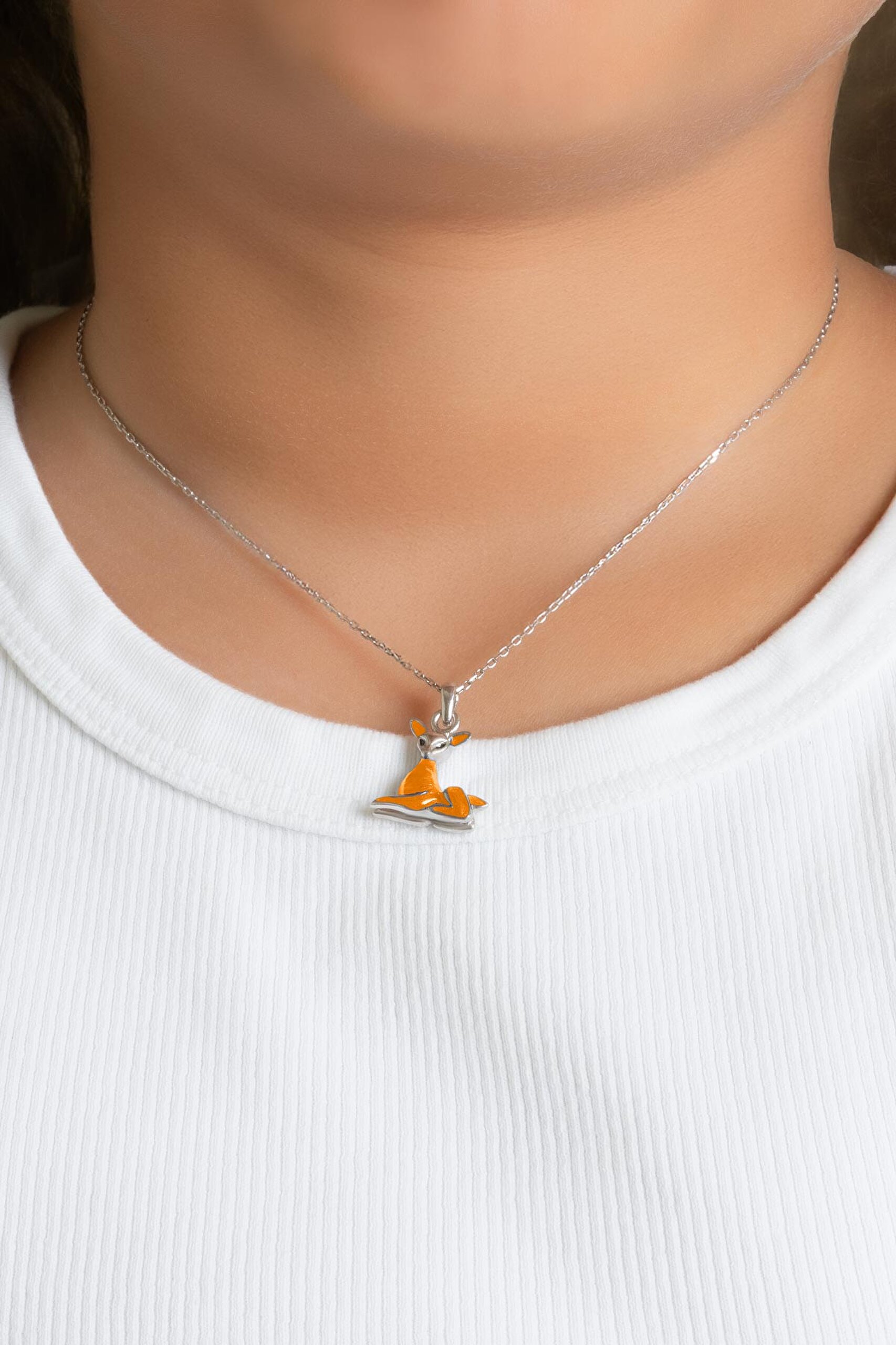 ⁠ Turuncu Kedi 18 Ayar Beyaz Altın Kaplama 33 Cm Gümüş Çocuk Kolye_1}