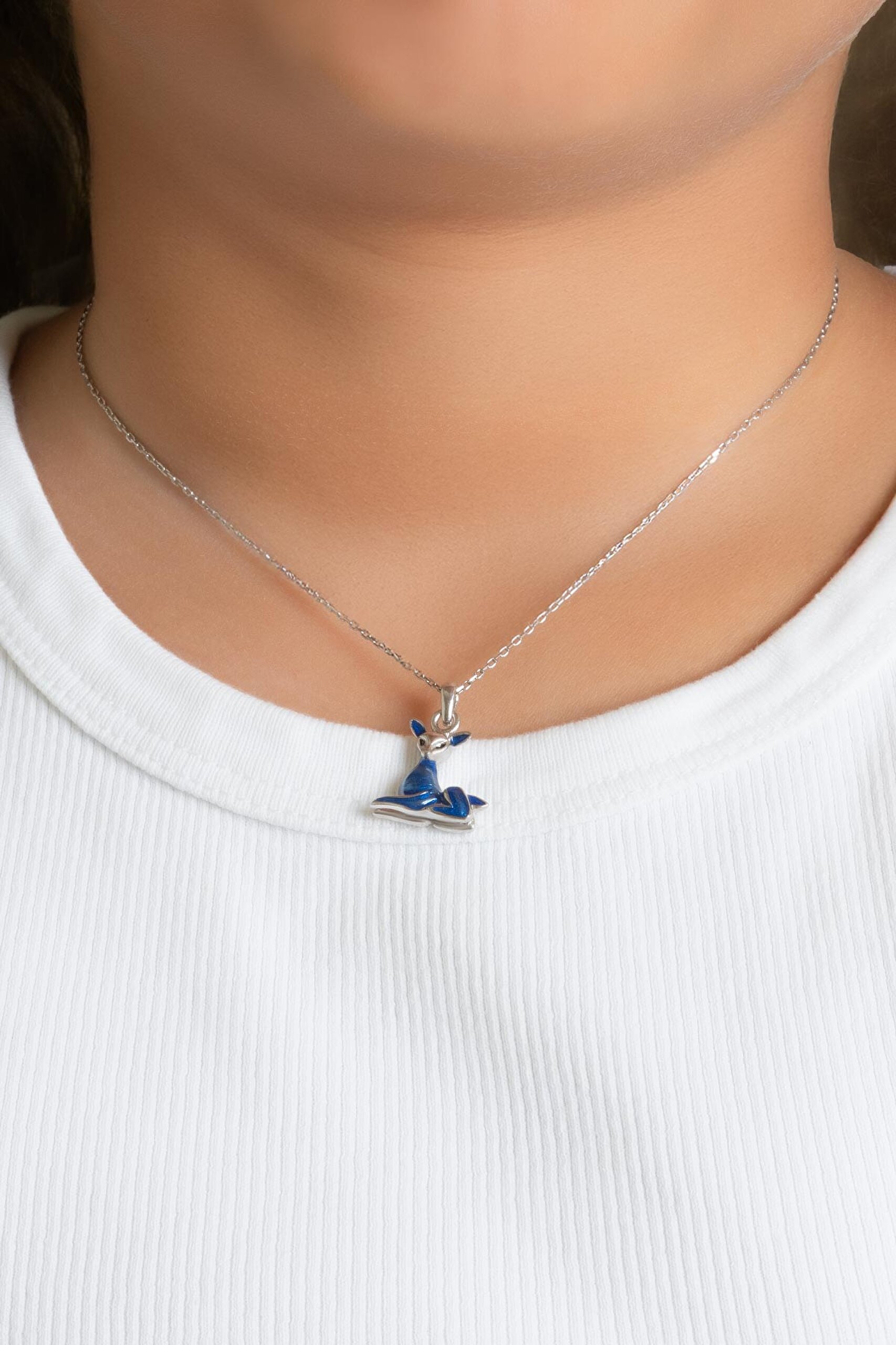 ⁠ Mavi Kedi 18 Ayar Beyaz Altın Kaplama 33 Cm Gümüş Çocuk Kolye_1}