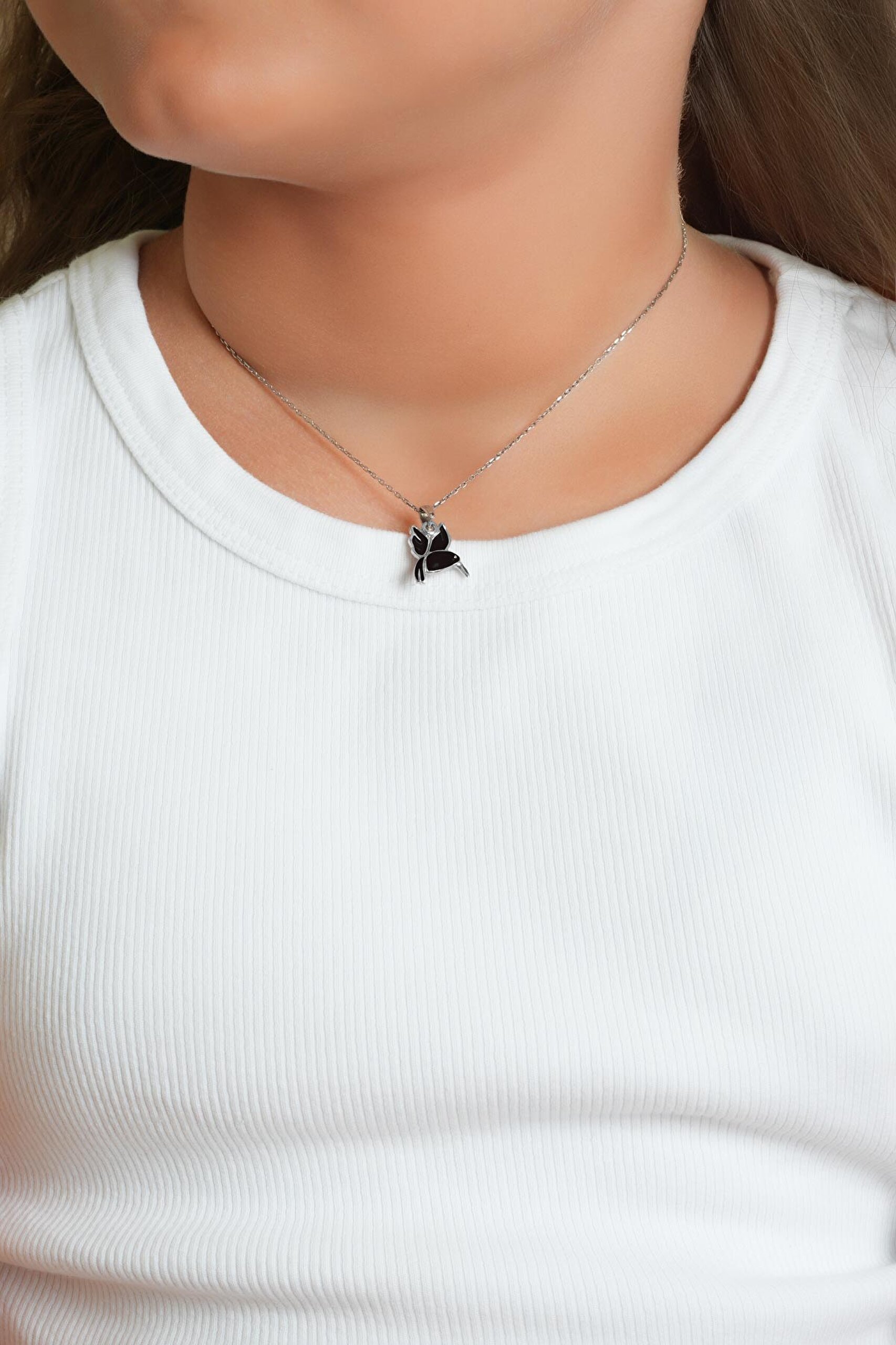 ⁠ Siyah Kuş 18 Ayar Beyaz Altın Kaplama 33 Cm Gümüş Çocuk Kolye_3}