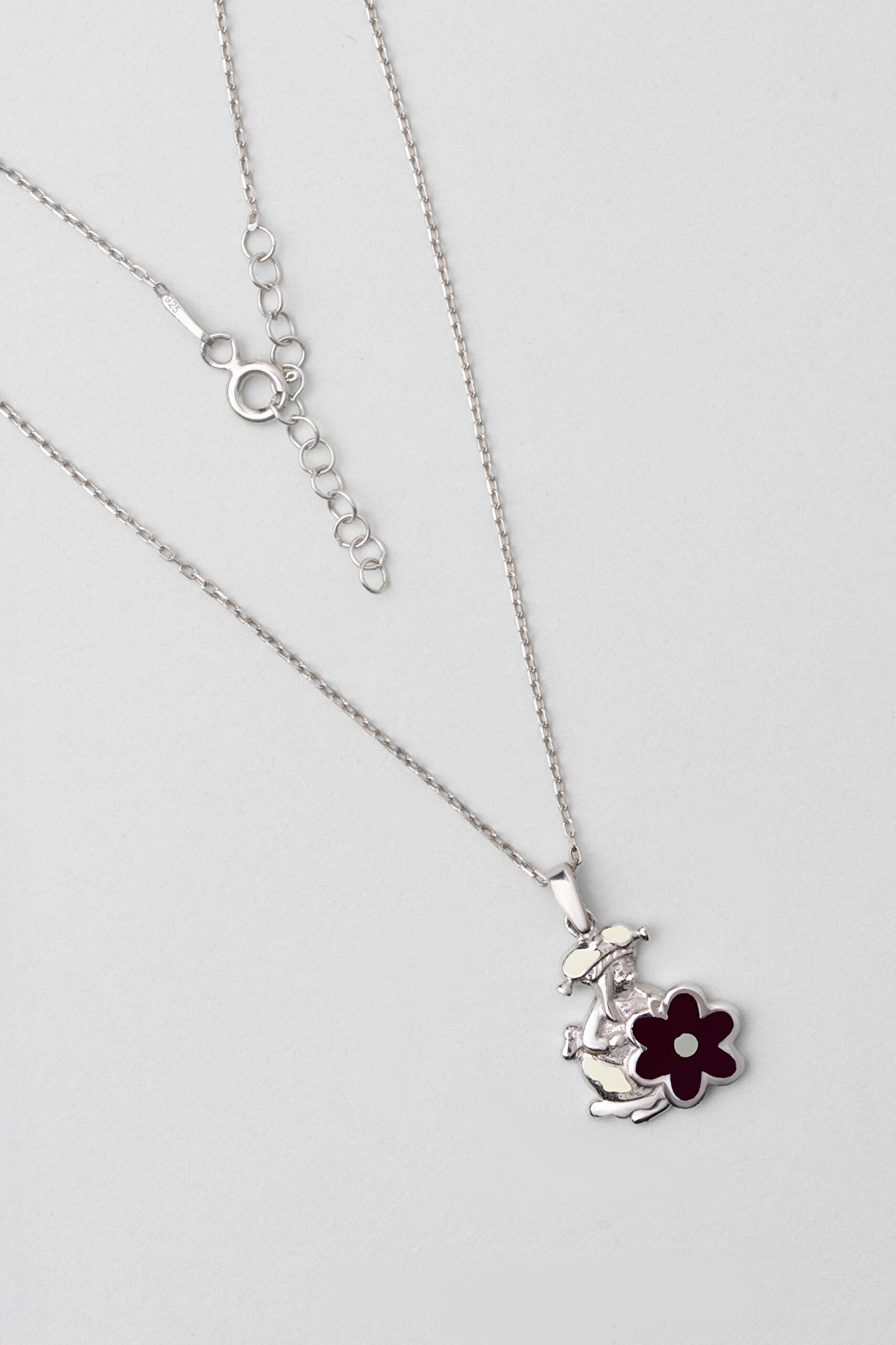 ⁠ Siyah Çiçek 18 Ayar Beyaz Altın Kaplama 33 Cm Gümüş Çocuk Kolye_0}