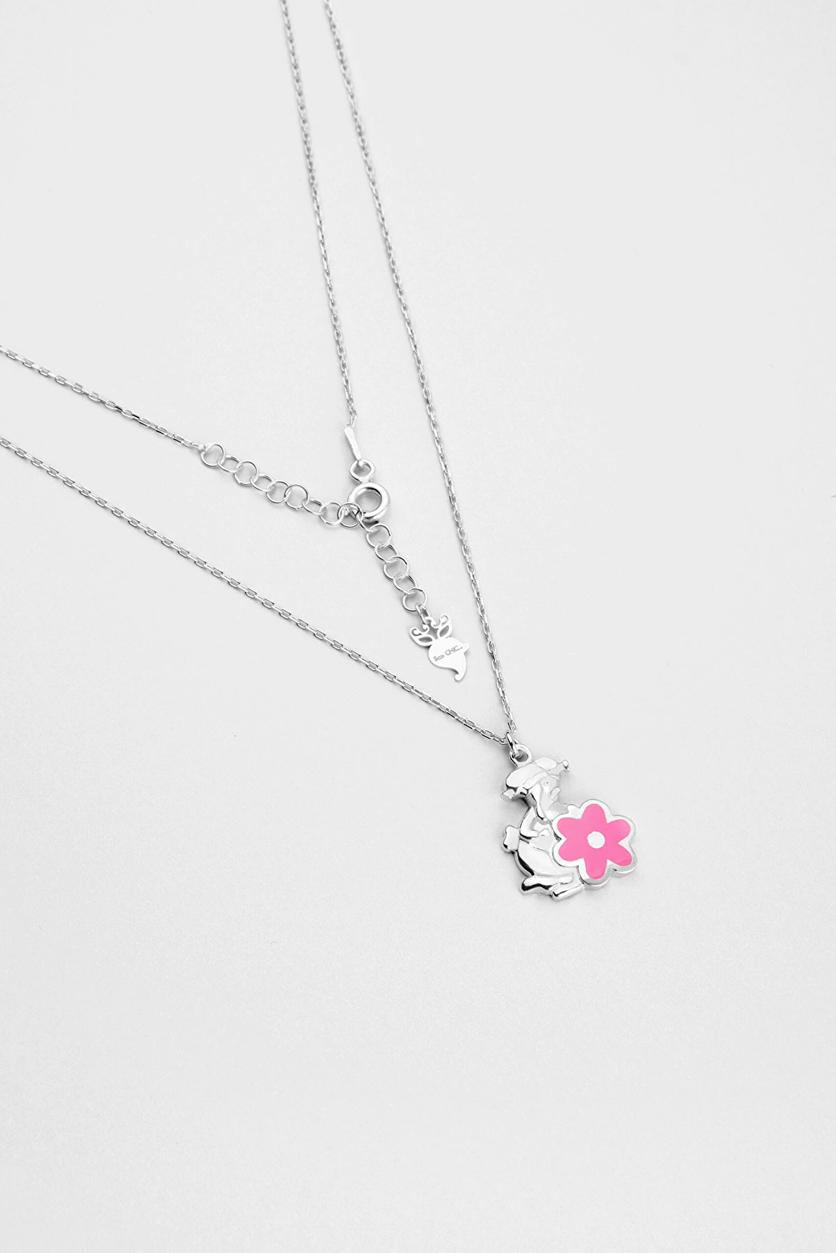 Pembe Çiçek 18 Ayar Beyaz Altın Kaplama 33 Cm Gümüş Çocuk Kolye