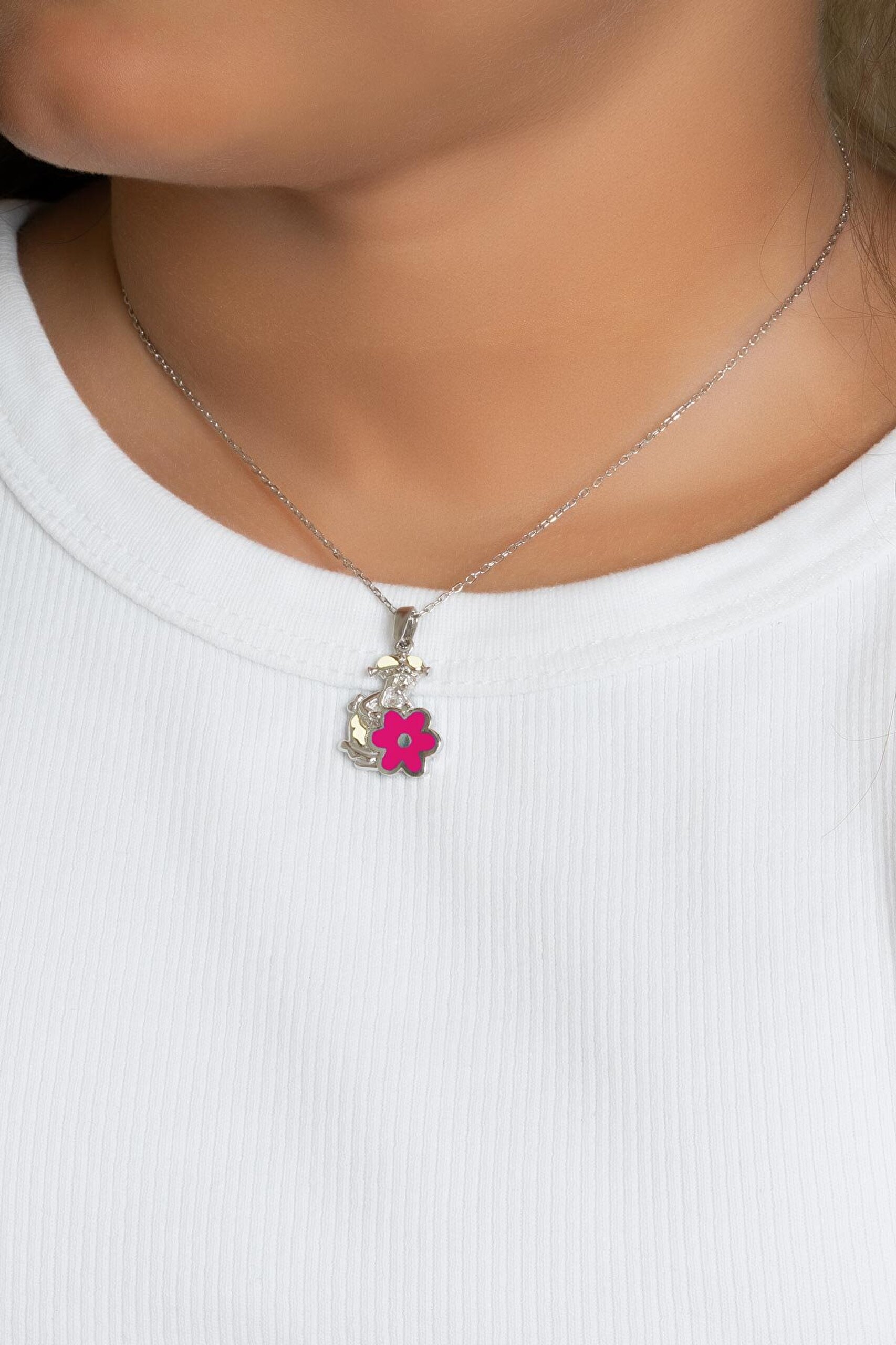 Pembe Çiçek 18 Ayar Beyaz Altın Kaplama 33 Cm Gümüş Çocuk Kolye - 3