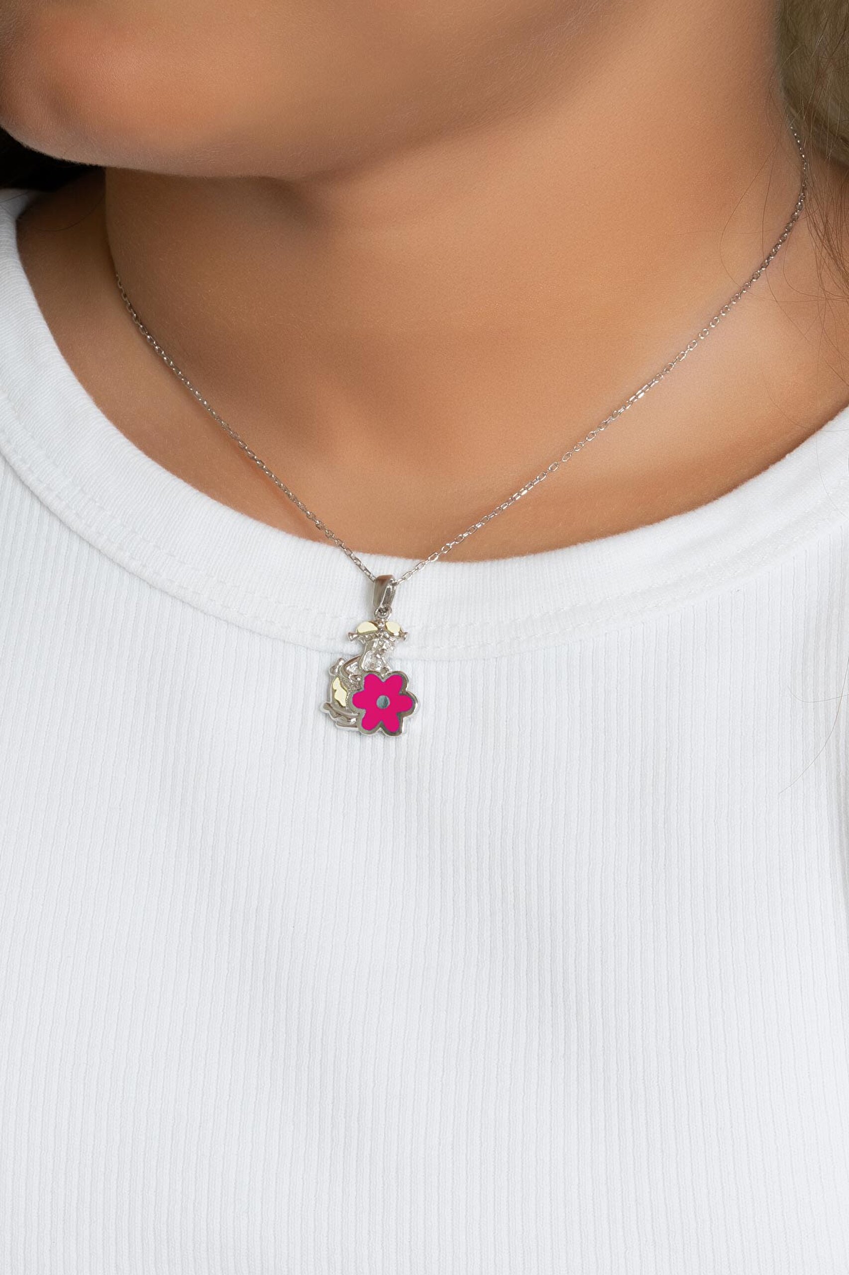 Pembe Çiçek 18 Ayar Beyaz Altın Kaplama 33 Cm Gümüş Çocuk Kolye - 1