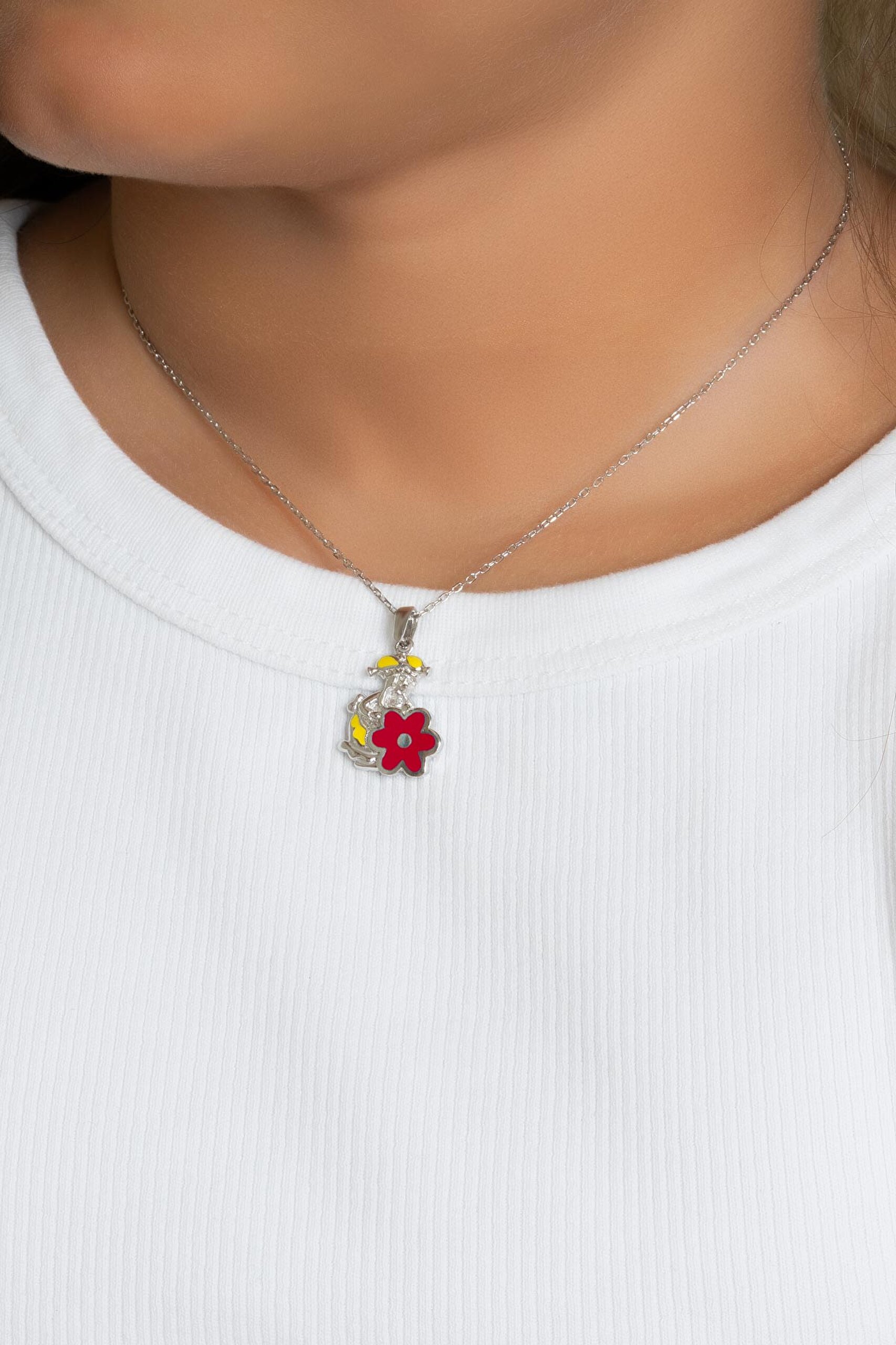 ⁠ Kırmızı Çiçek 18 Ayar Beyaz Altın Kaplama 33 Cm Gümüş Çocuk Kolye_3}