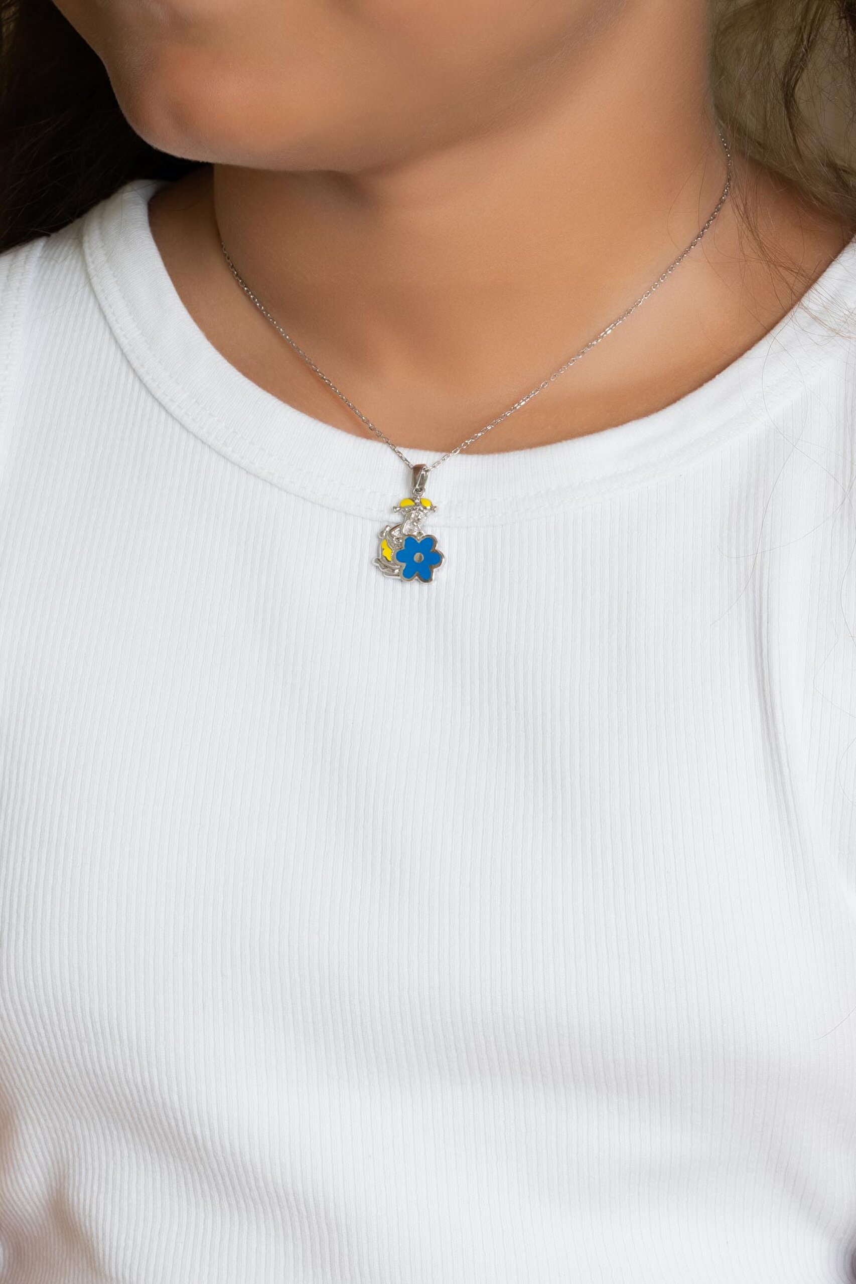 ⁠ Mavi Çiçek 18 Ayar Beyaz Altın Kaplama 33 Cm Gümüş Çocuk Kolye_3}