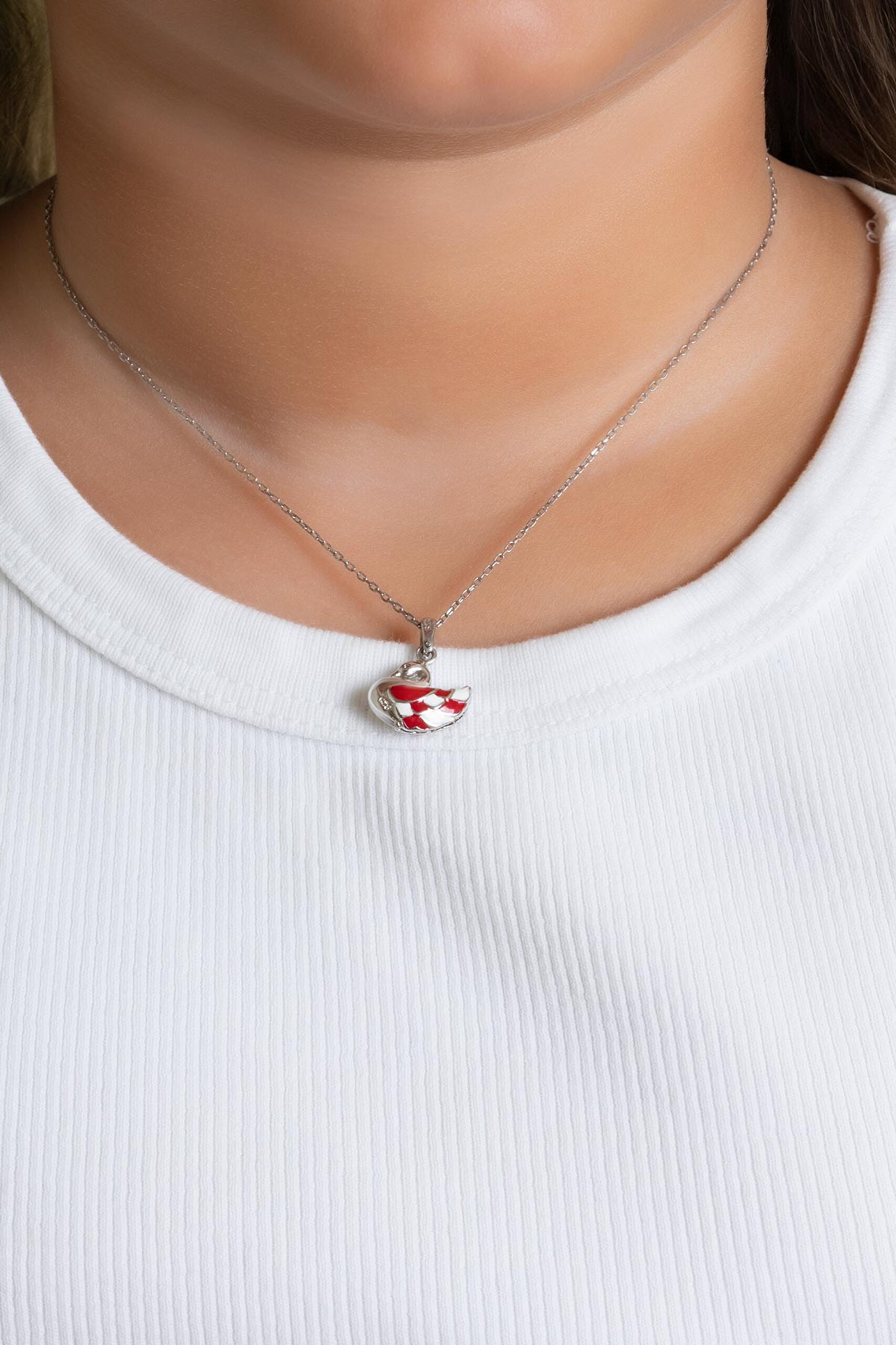 ⁠ Kırmızı Kuğu 18 Ayar Beyaz Altın Kaplama 33 Cm Gümüş Çocuk Kolye_1}