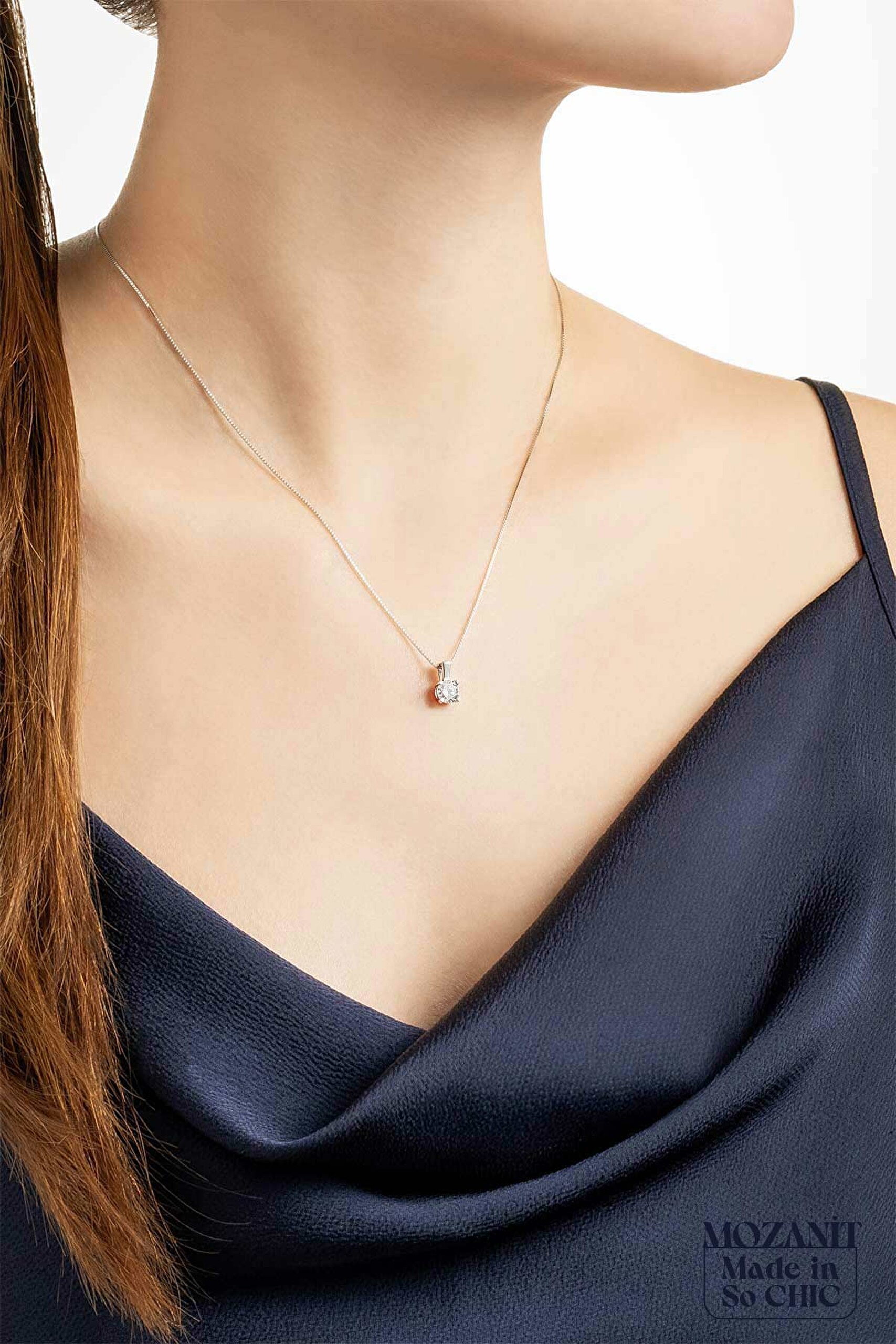 ⁠ Mozanit Dokunuşu 18 Ayar Beyaz Altın Kaplama 45 Cm Gümüş Tektaş Kolye_4}