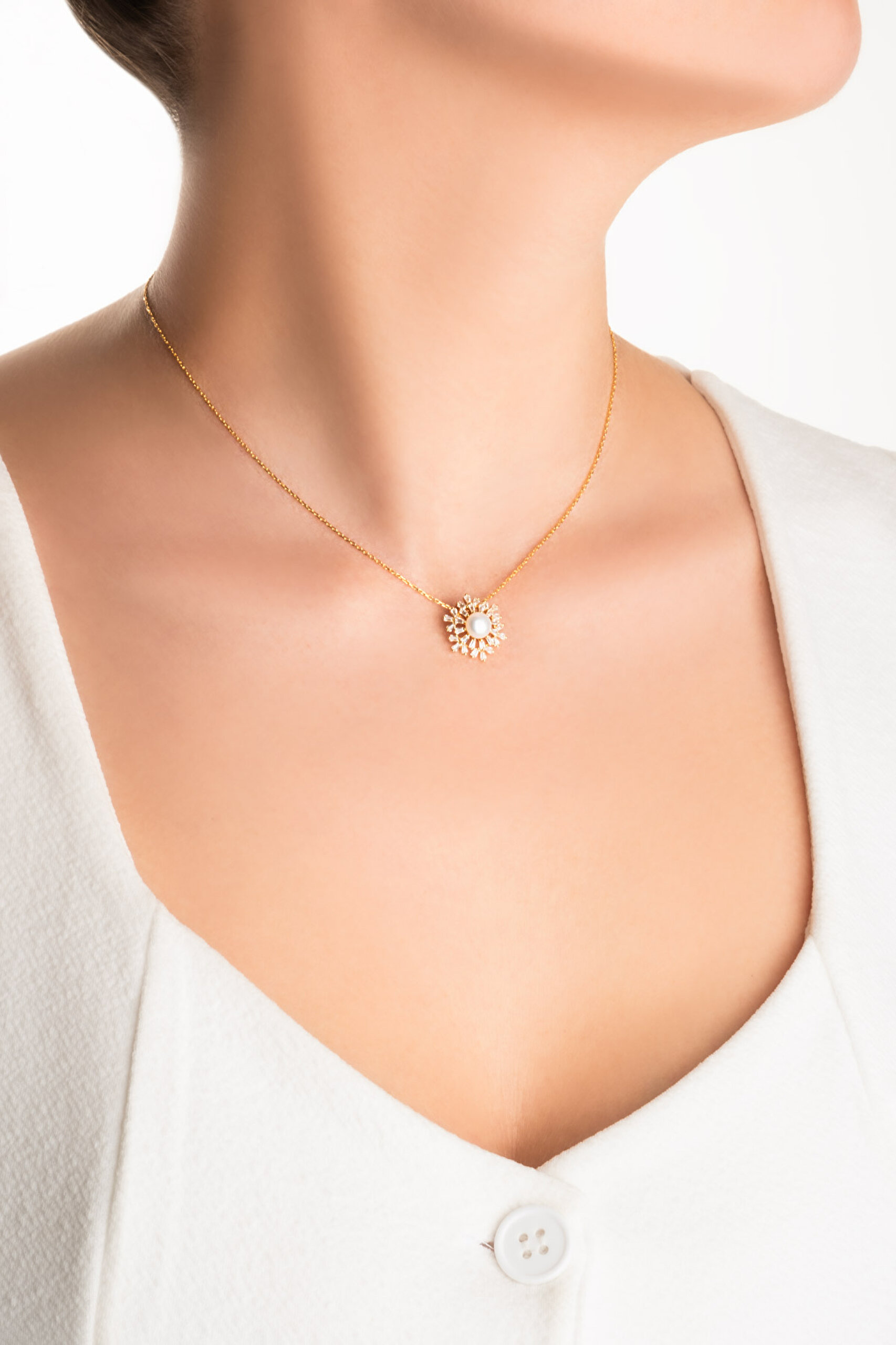 ⁠ İnci Güneşi 18 Ayar Sarı Altın Kaplama 42 Cm Gümüş Kolye_3}