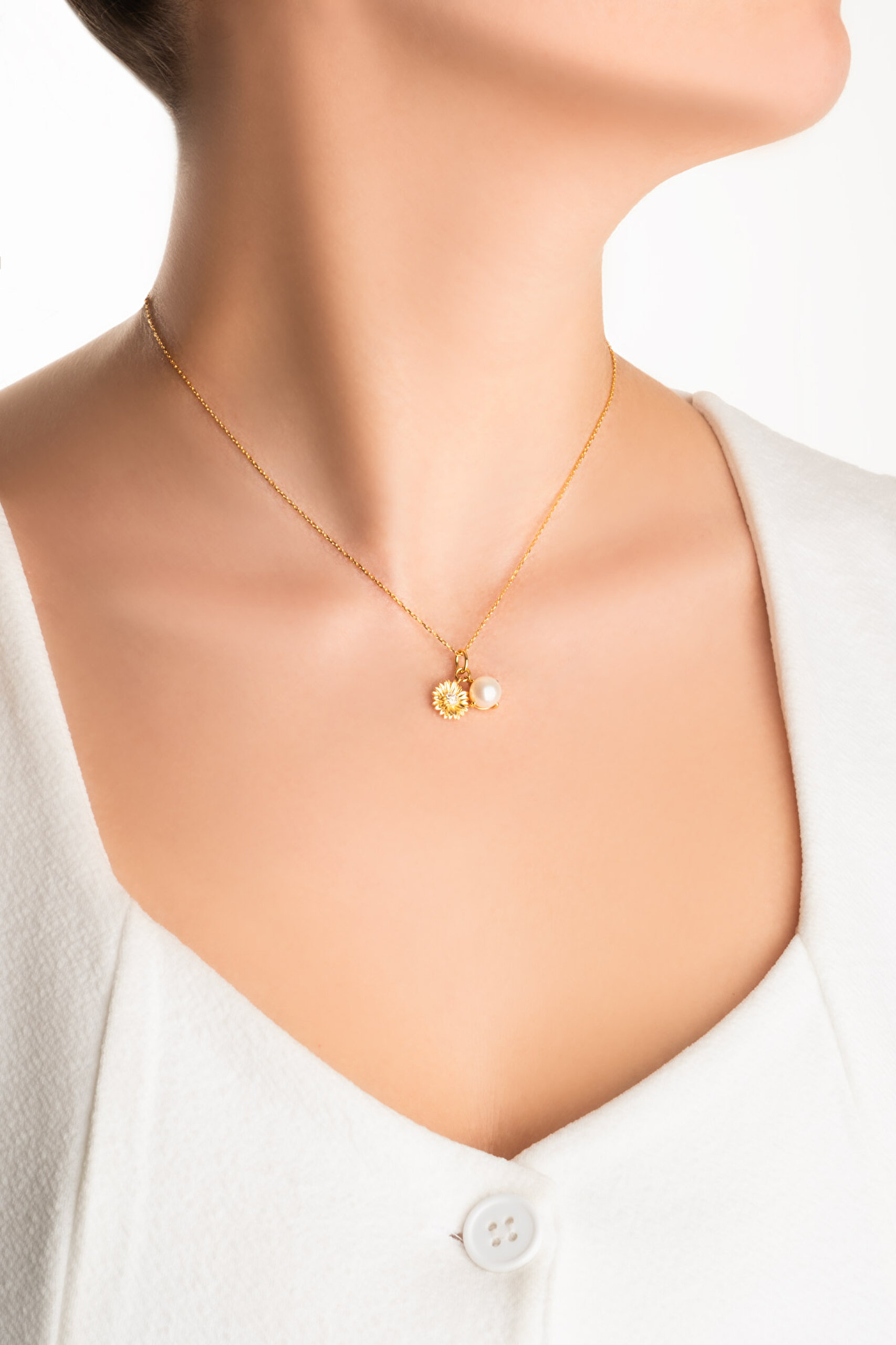 ⁠ Ayçiçeği Işıltısı 18 Ayar Sarı Altın Kaplama 42 Cm Gümüş İnci Kolye_3}