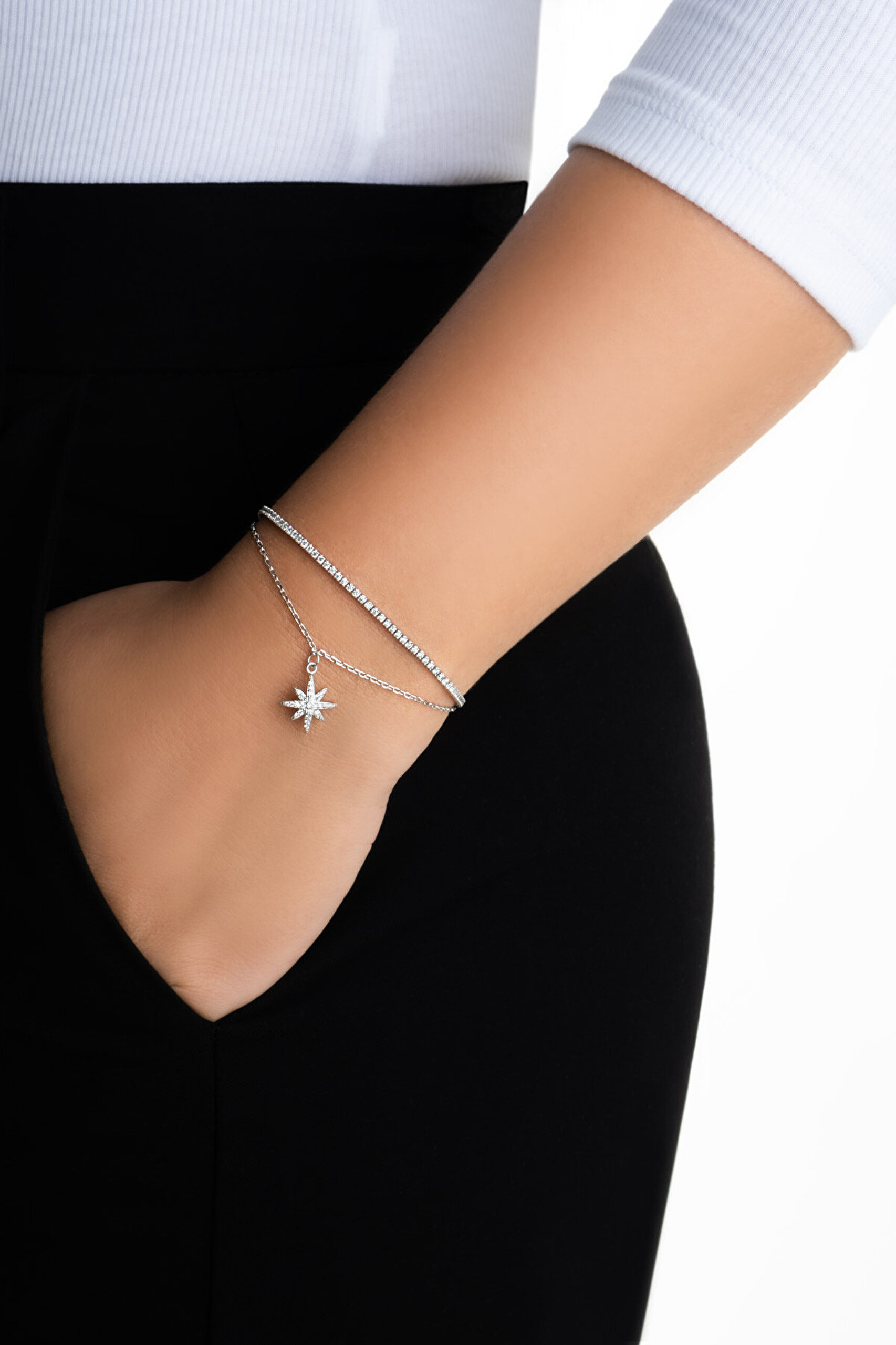 Kutup Yıldızı 18 Ayar Beyaz Altın Kaplama 19 Cm Gümüş İkili Bileklik - 3