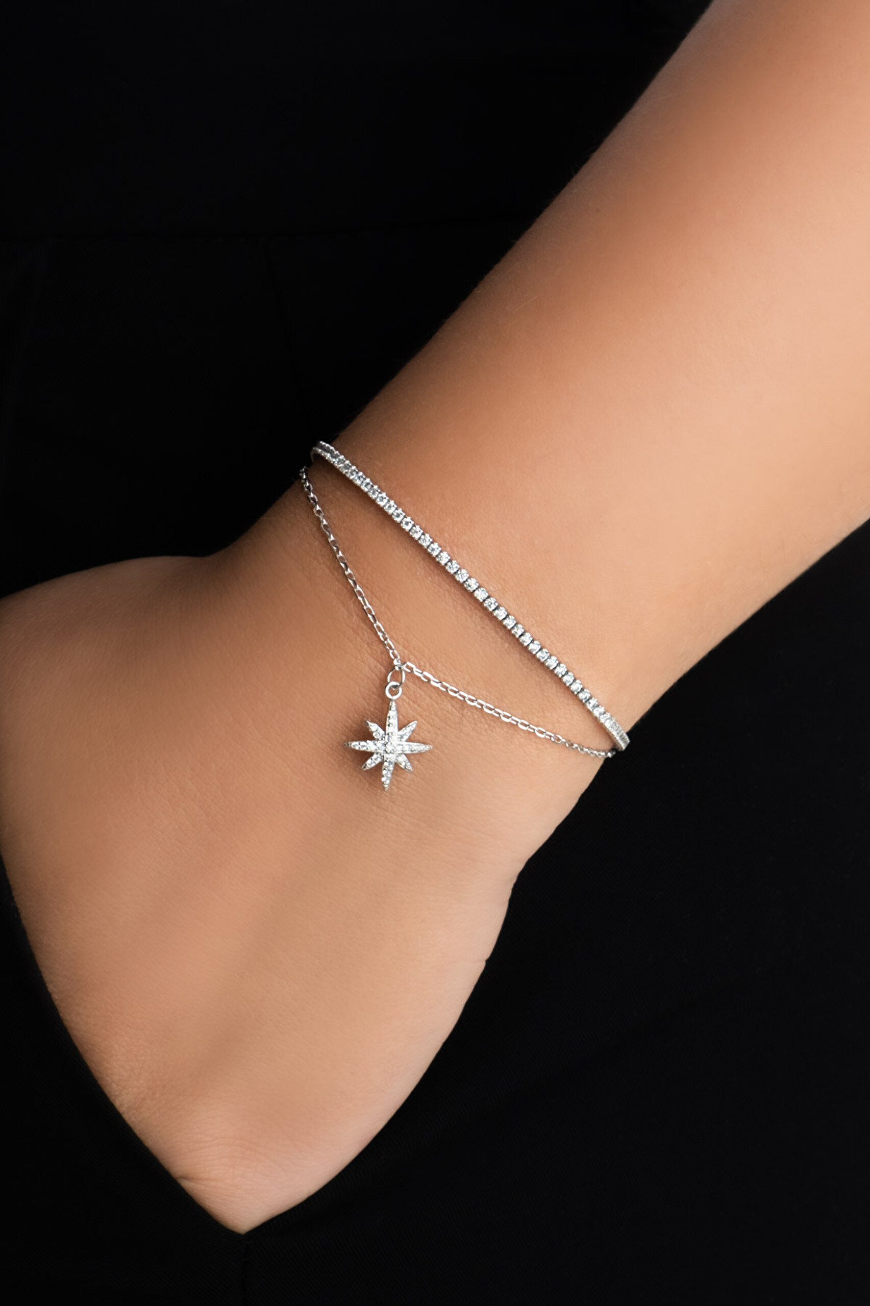 Kutup Yıldızı 18 Ayar Beyaz Altın Kaplama 19 Cm Gümüş İkili Bileklik - 1