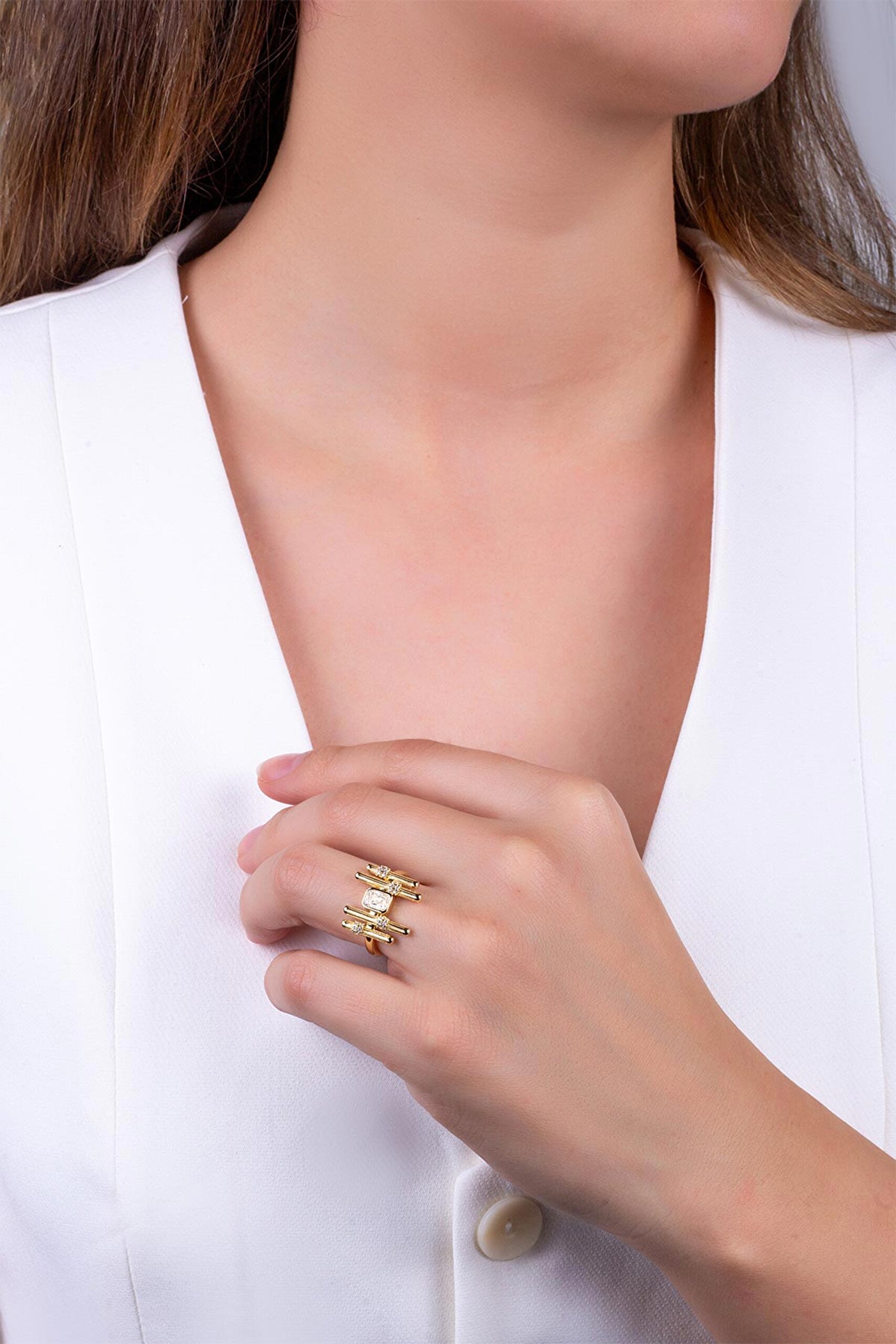 ⁠ Zamansız Stil 18 Ayar Sarı Altın Kaplama Gümüş Ayarlanabilir Yüzük_3}