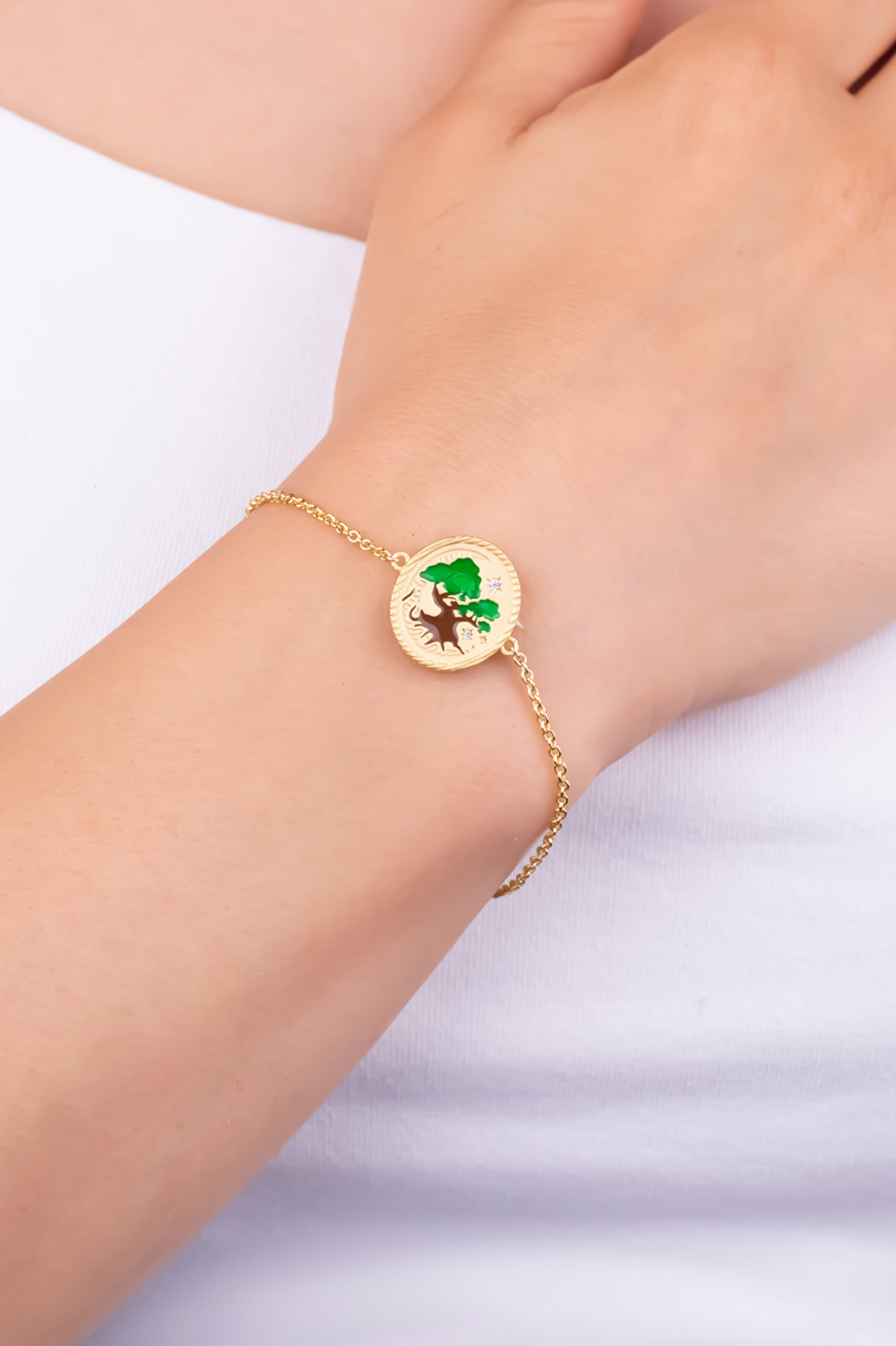 ⁠ Totoro Ağacı 18 Ayar Sarı Altın Kaplama 19 Cm Gümüş Bileklik_1}