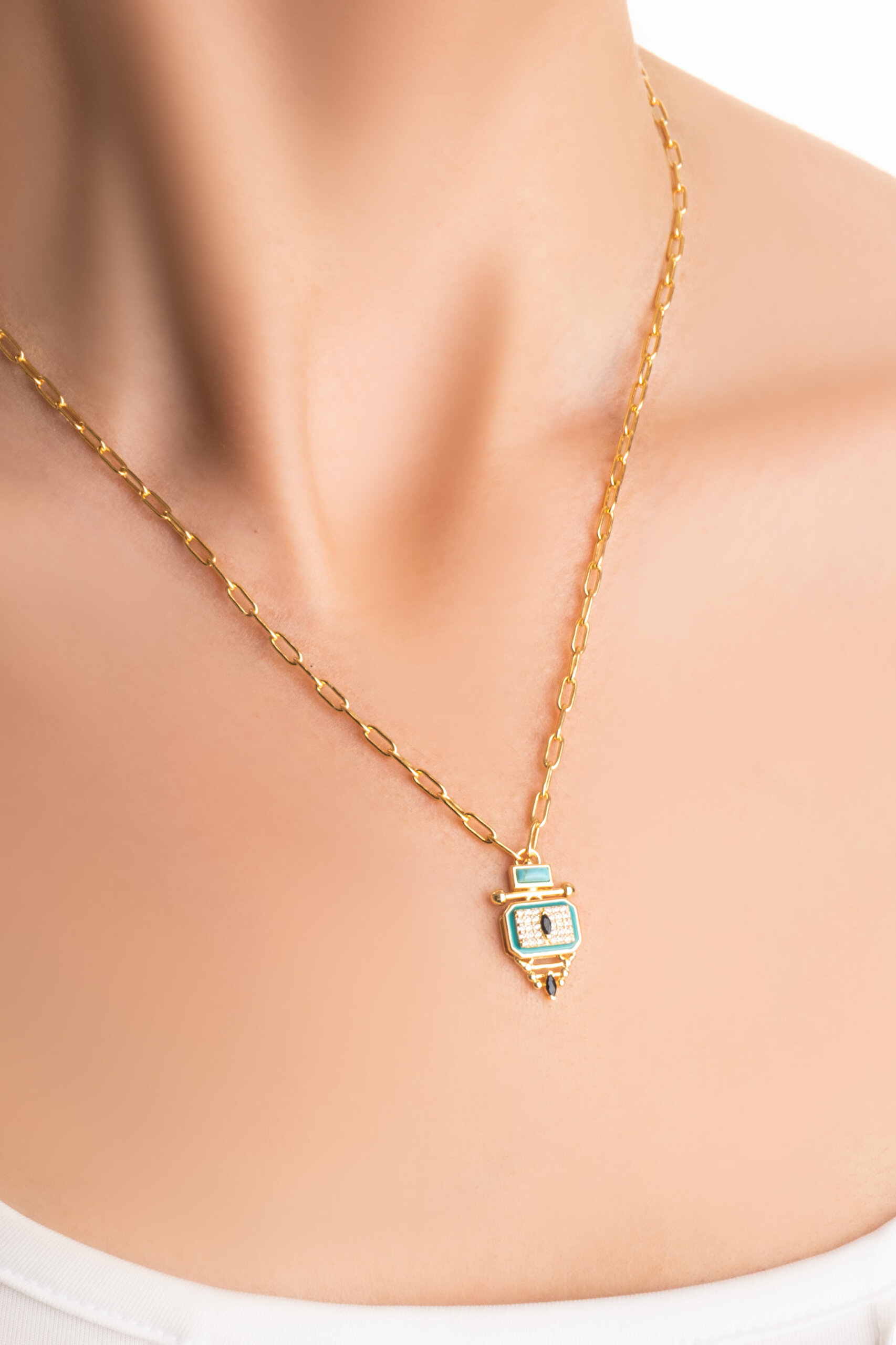 ⁠ Ra Gözü 18 Ayar Sarı Altın Kaplama 45 Cm Gümüş Kolye_1}