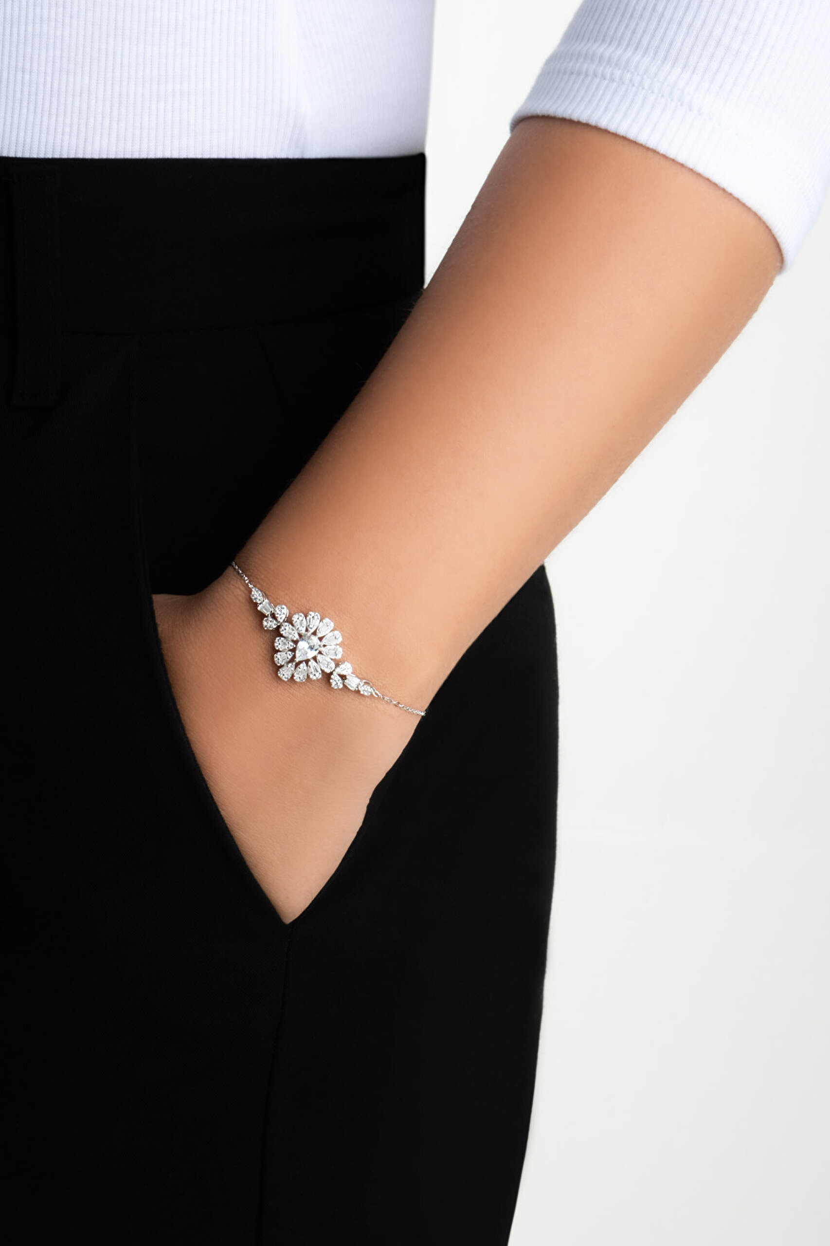 Düğün Çiçeği 18 Ayar Beyaz Altın Kaplama 19 Cm Gümüş Bileklik - 3